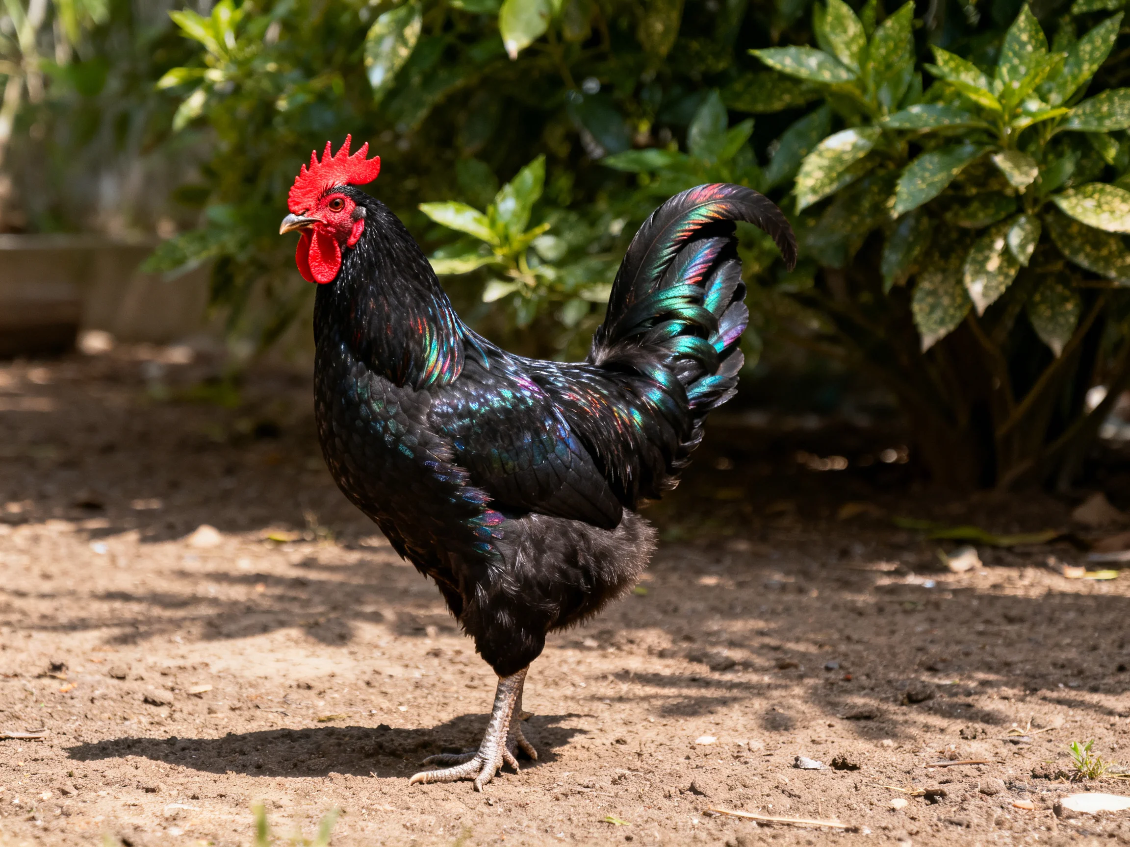 A glossy black rooster with iridescent tail stands on dirt near green foliage