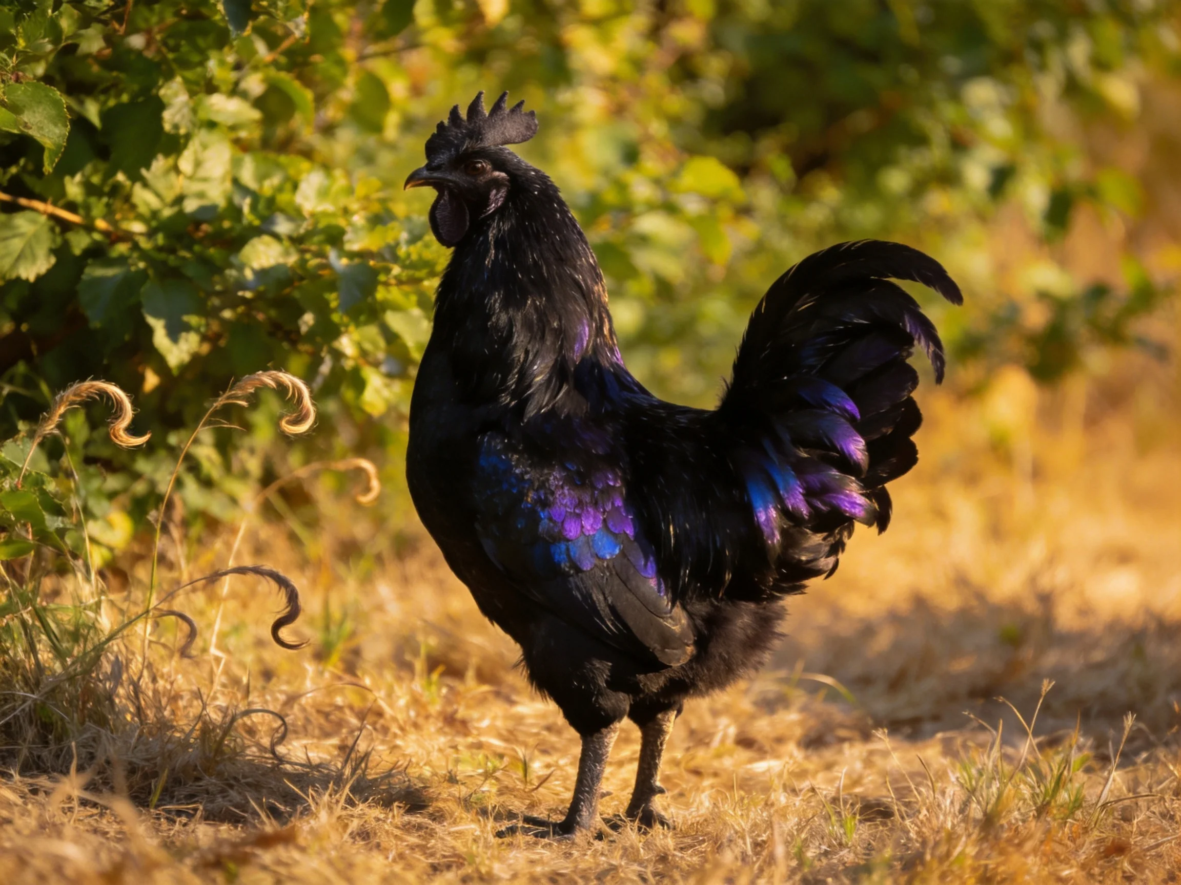 A glossy black rooster with purple-iridescent plumage stands among golden grass and green foliage