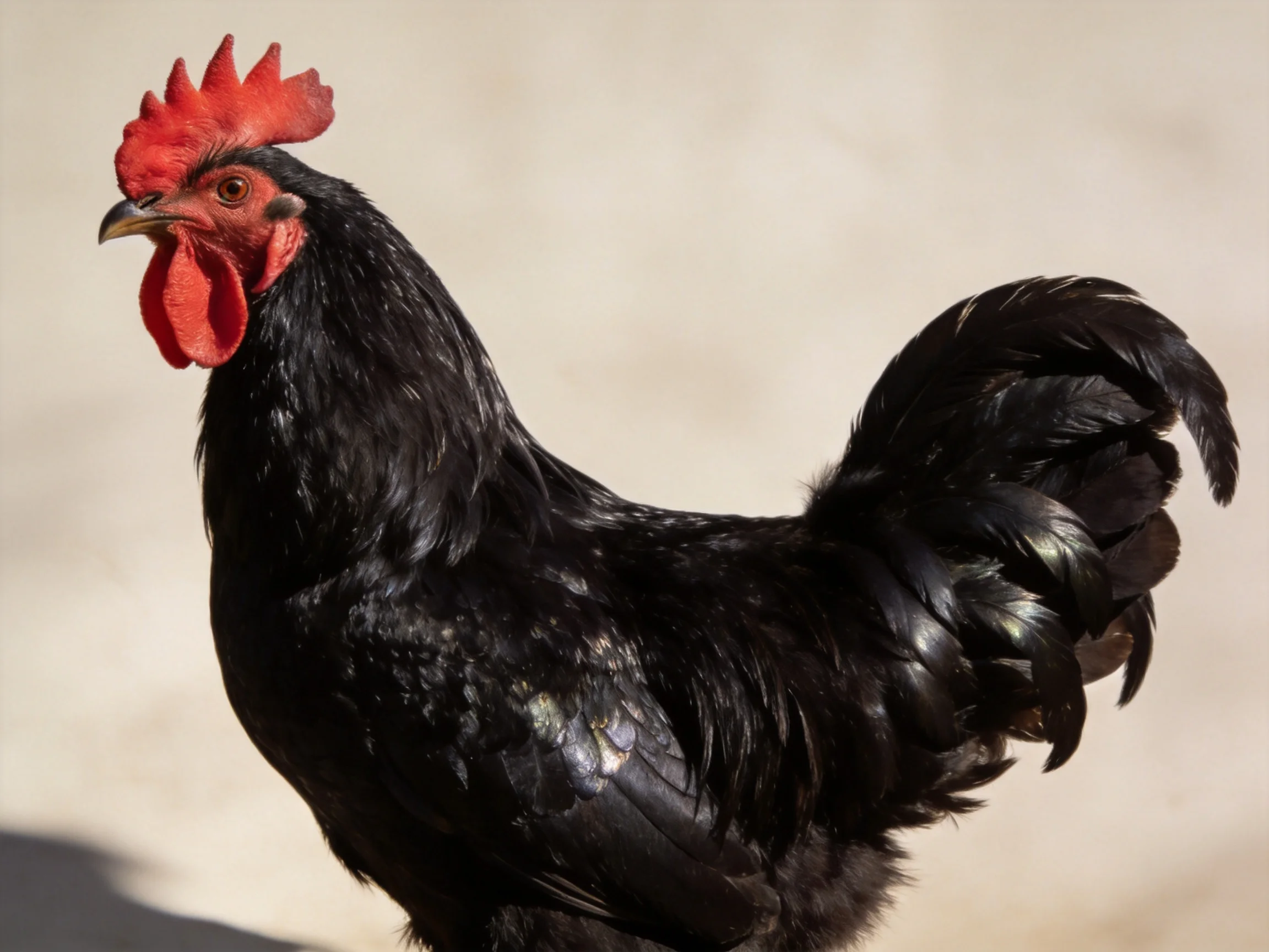 A glossy black rooster with vibrant red comb and wattle