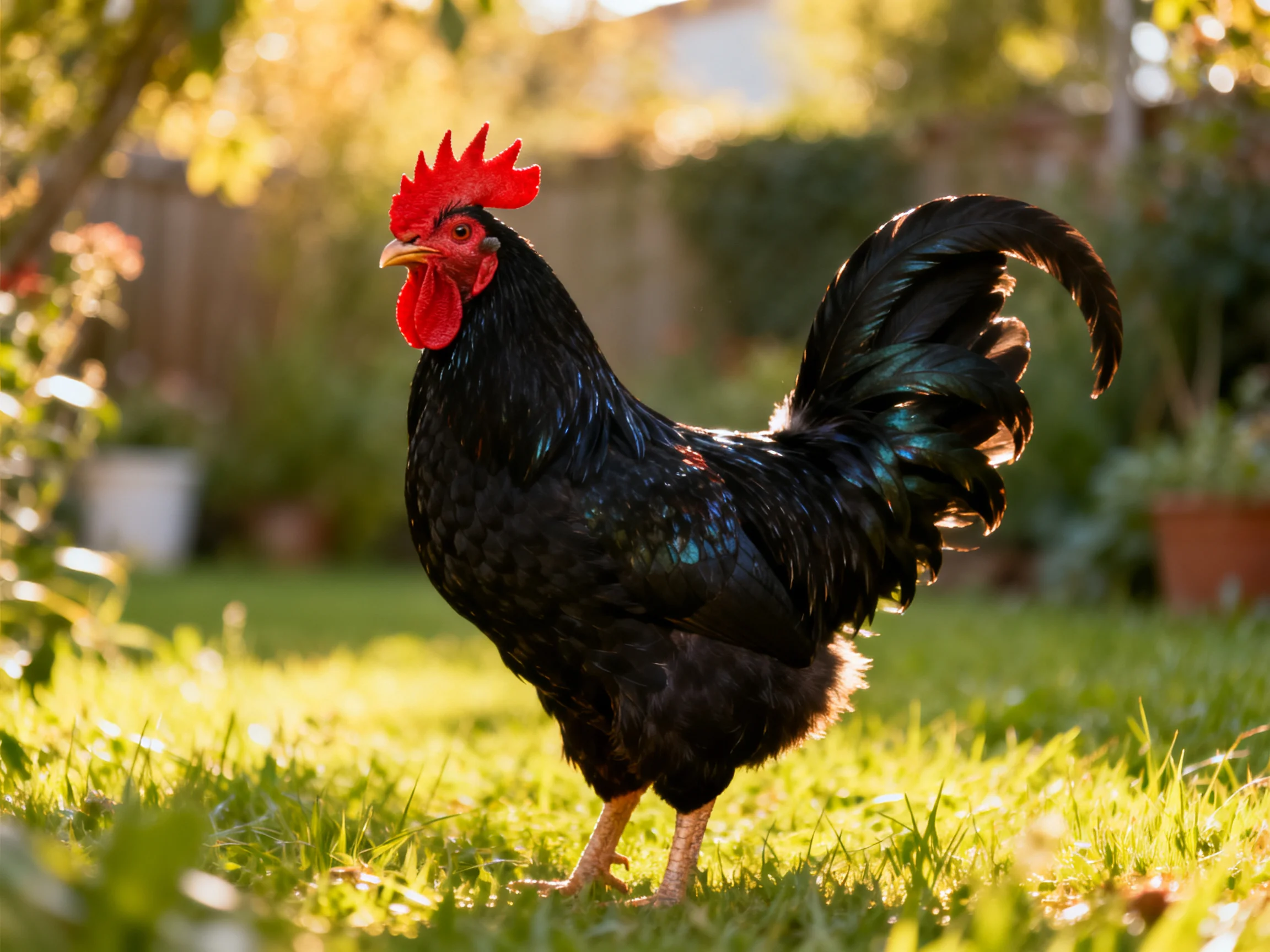 A glossy black rooster with vibrant red comb in a sunlit garden