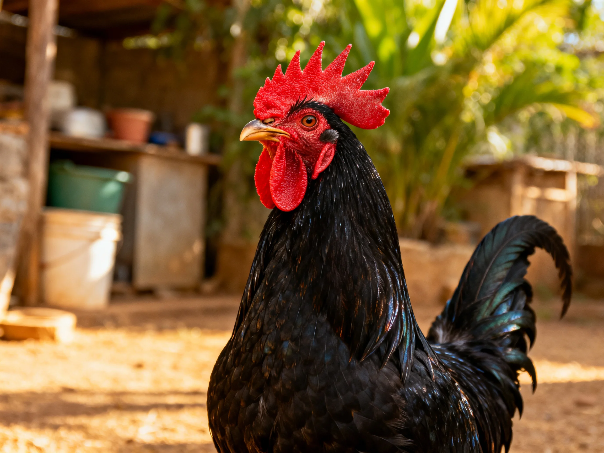 A glossy black rooster with vibrant red comb in a sunlit rural yard