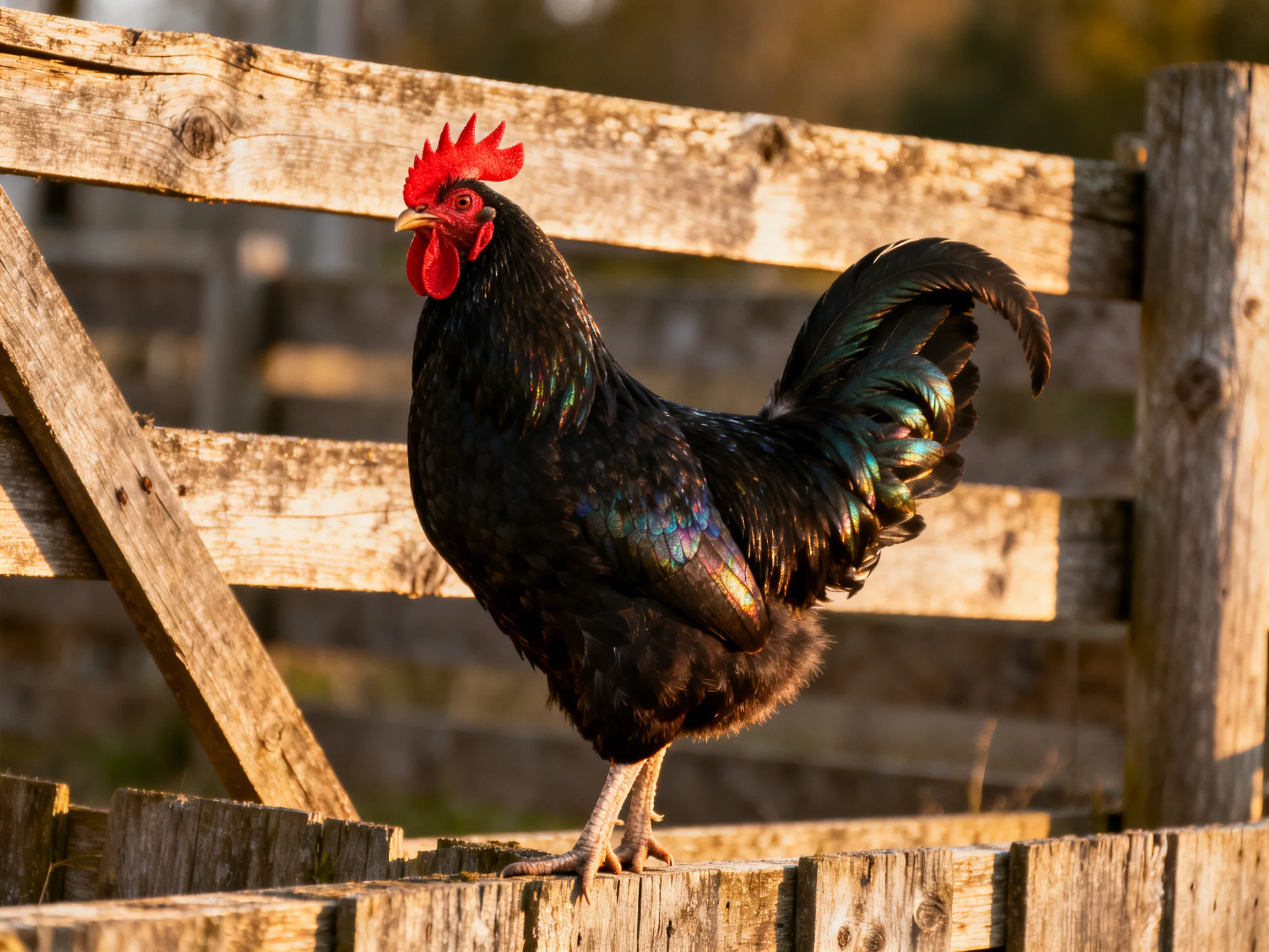 A glossy black rooster with vibrant red comb perched on weathered wooden planks