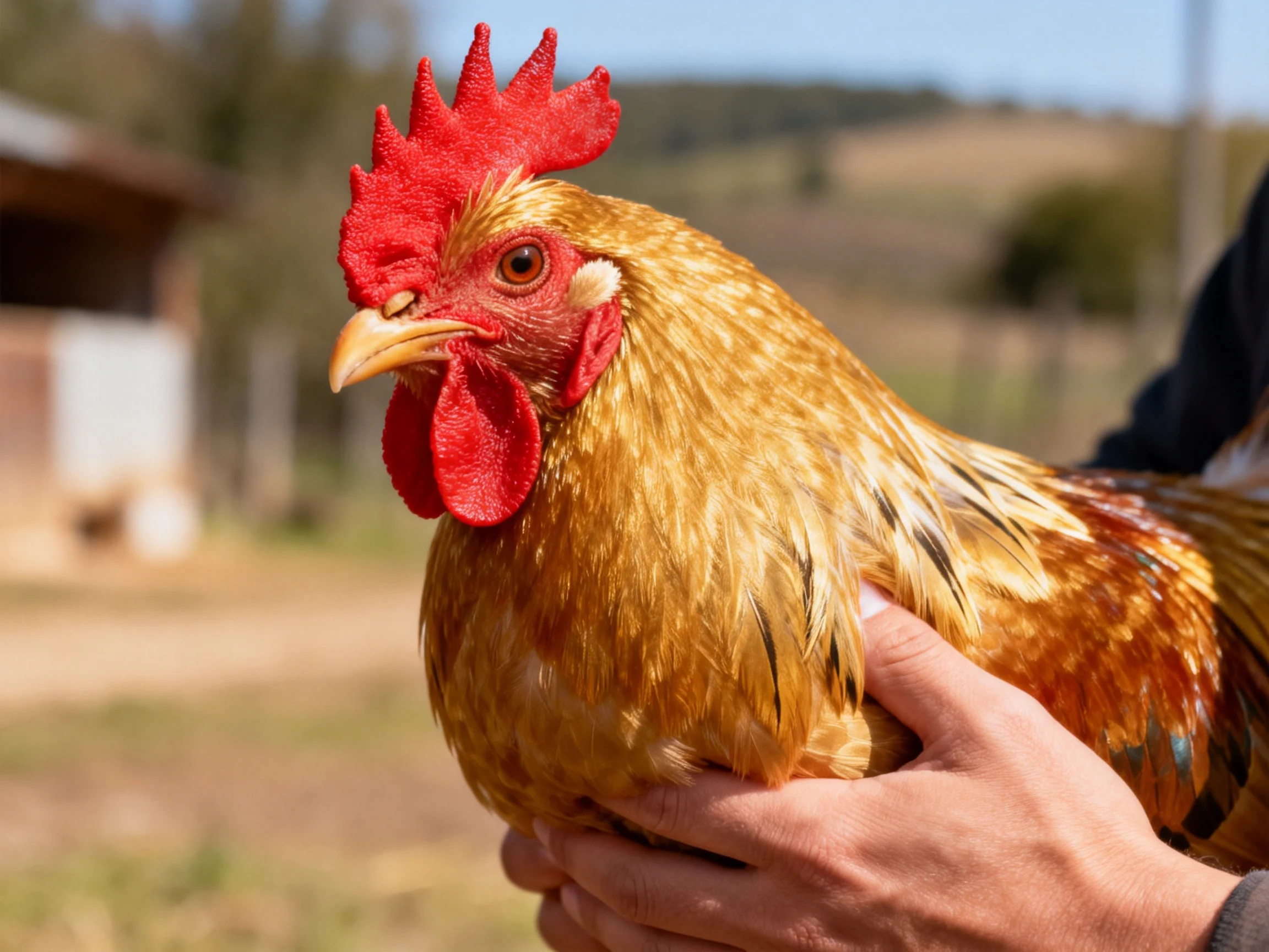 A golden-brown chicken with bright red comb and wattles held outdoors