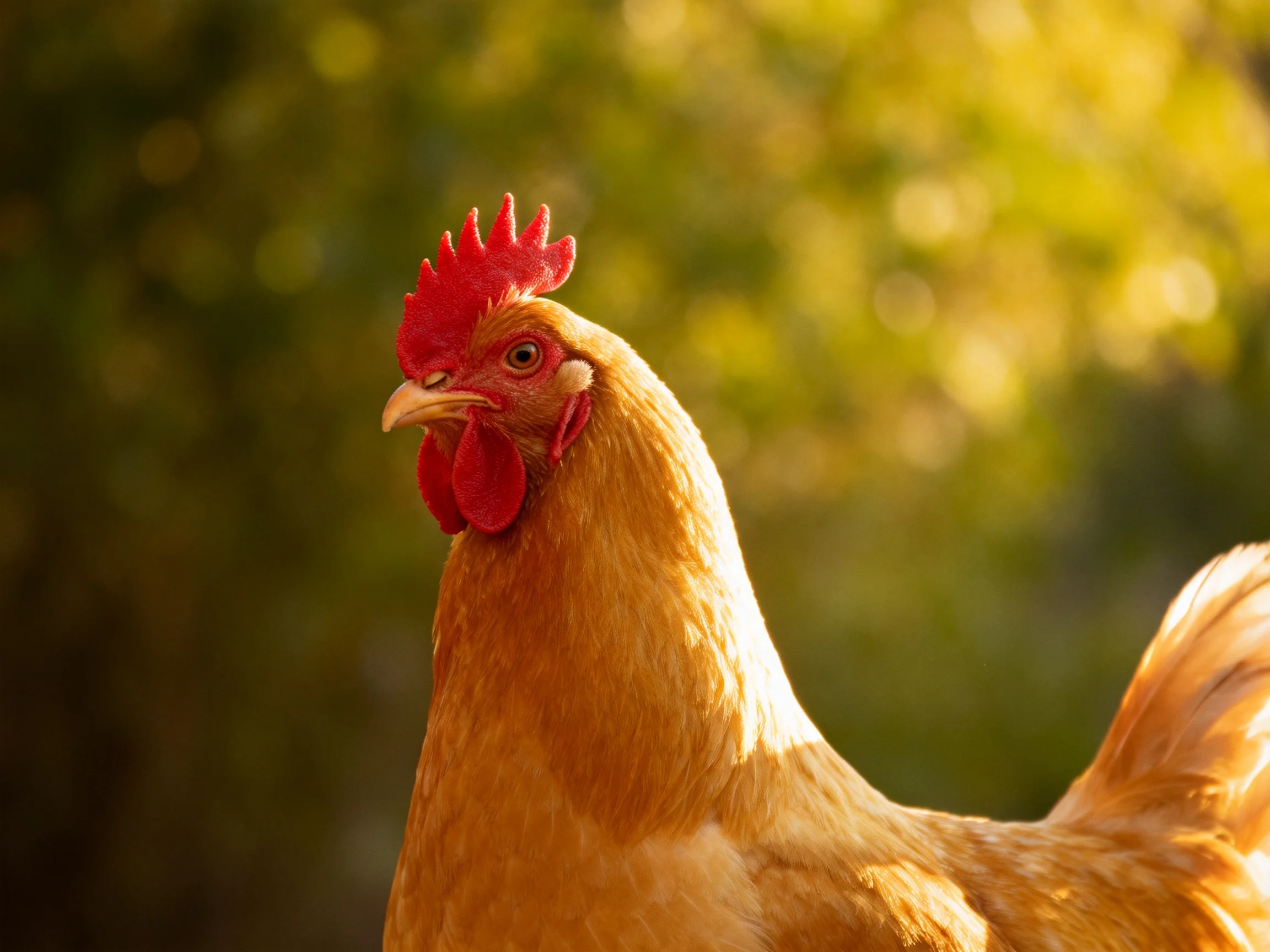 A golden-brown chicken with vibrant red comb in a sunlit natural backdrop