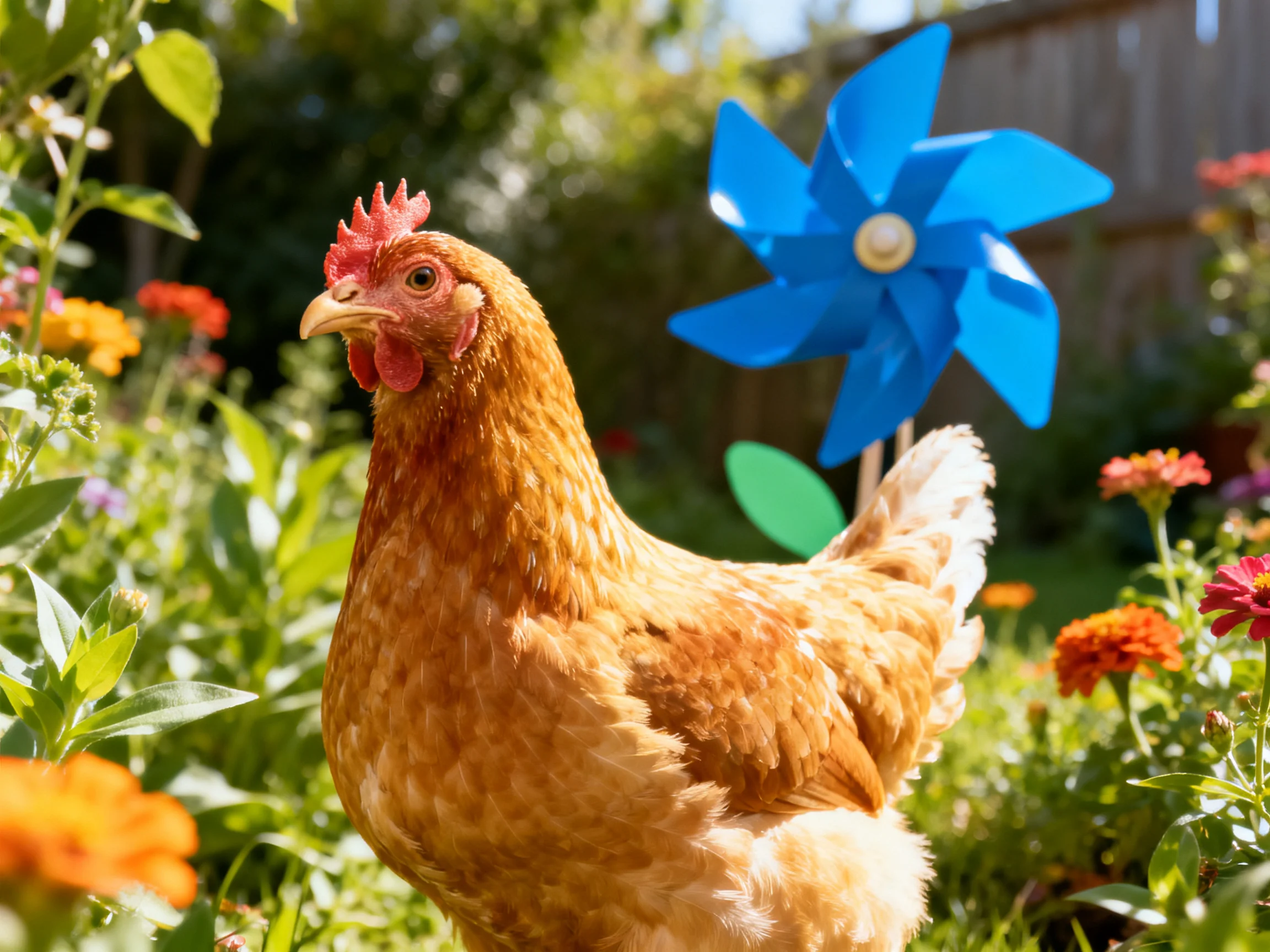 A golden-brown hen in a garden with colorful flowers and a blue pinwheel