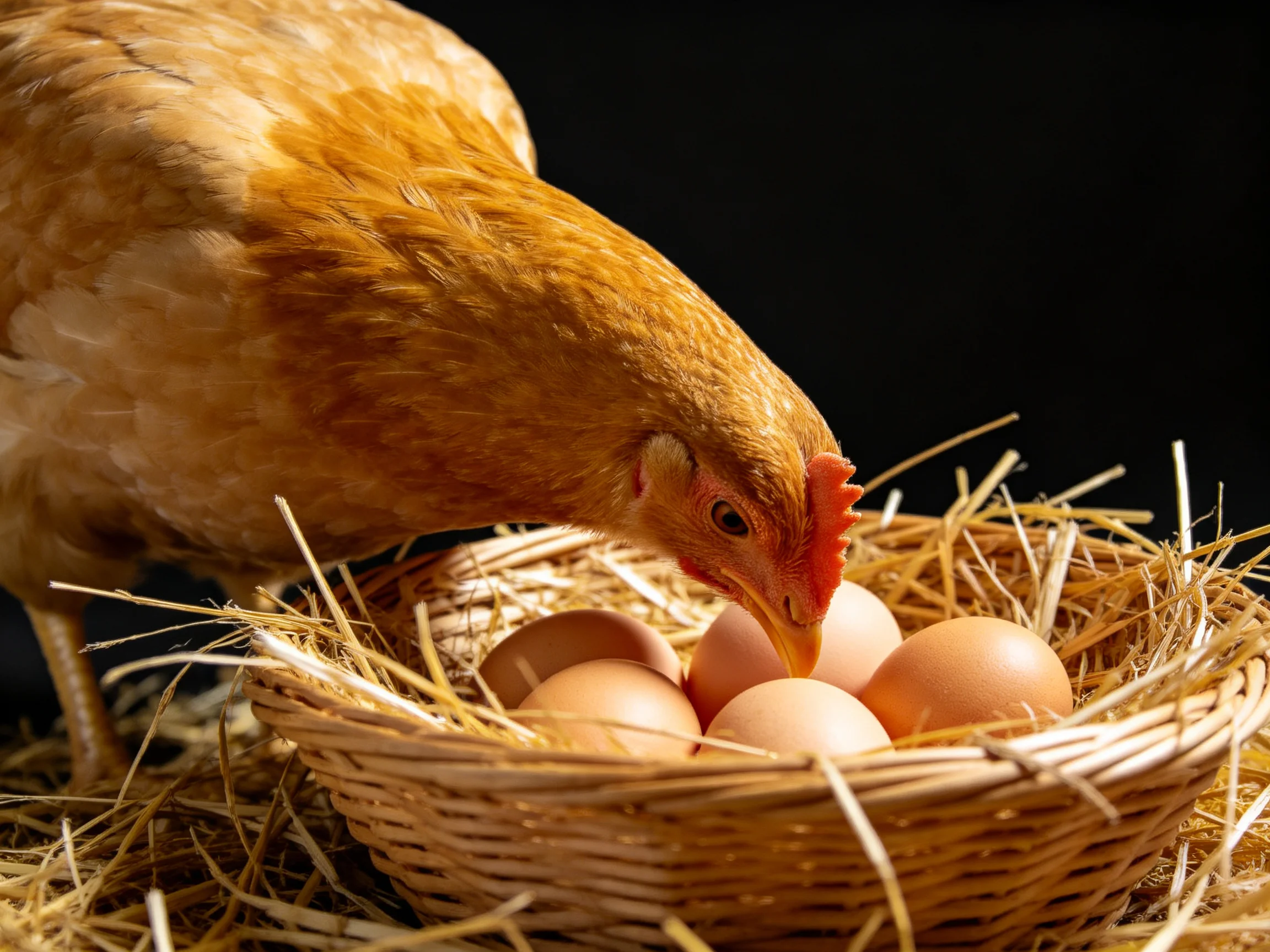 A golden-brown hen inspects eggs in a straw-lined wicker nest