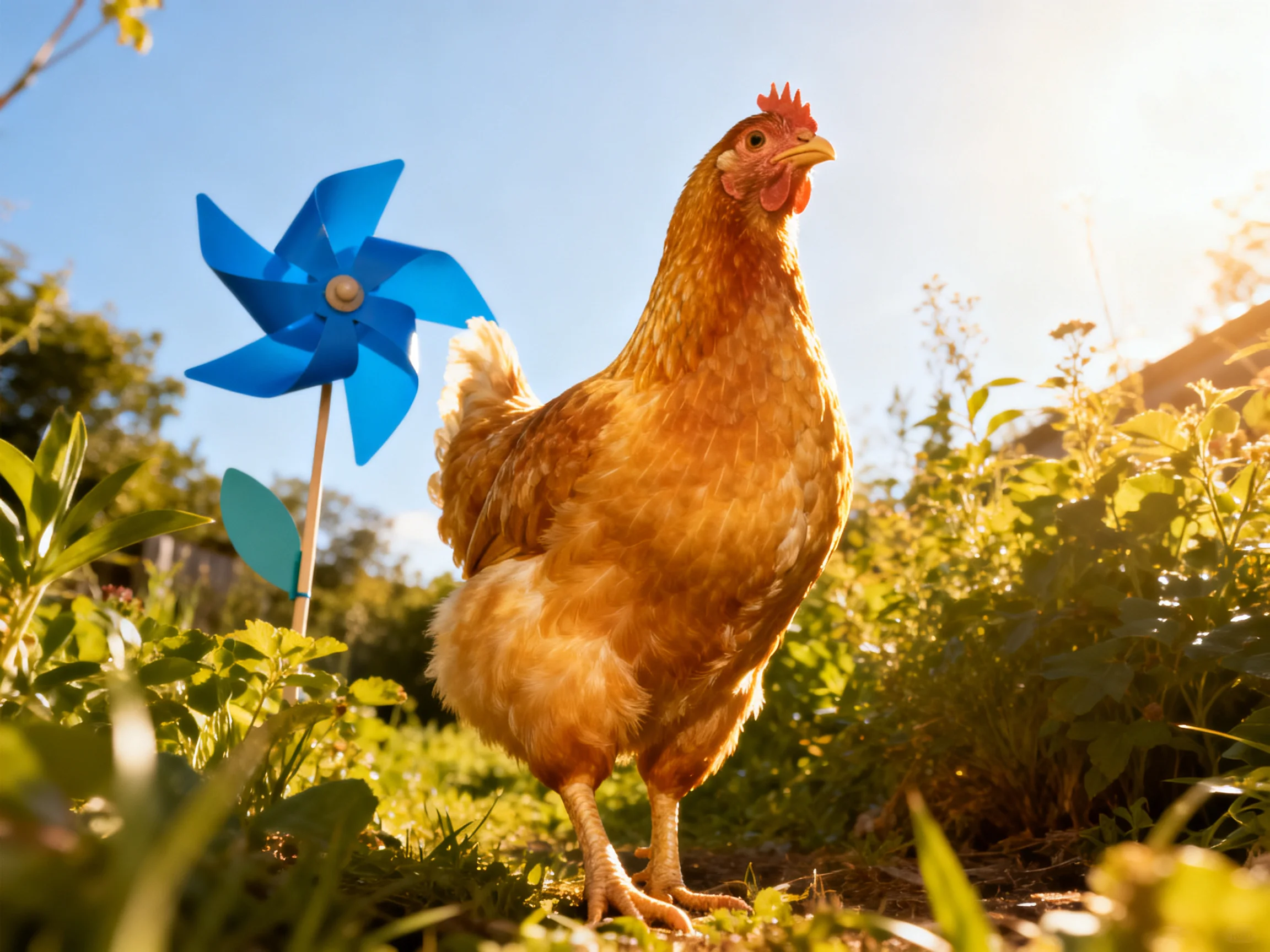 A golden-brown hen stands beside a bright blue pinwheel in a sunlit garden