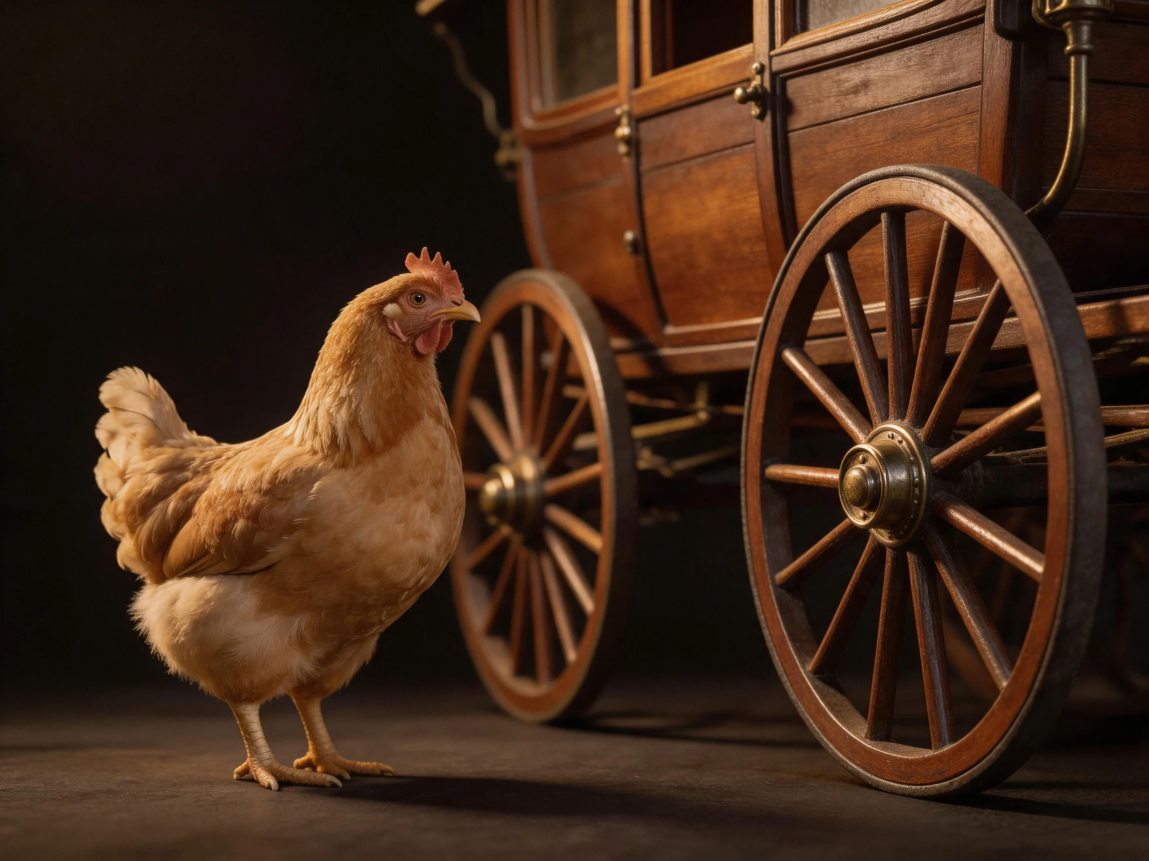 A golden-brown hen stands beside an antique wooden carriage with large spoked wheels