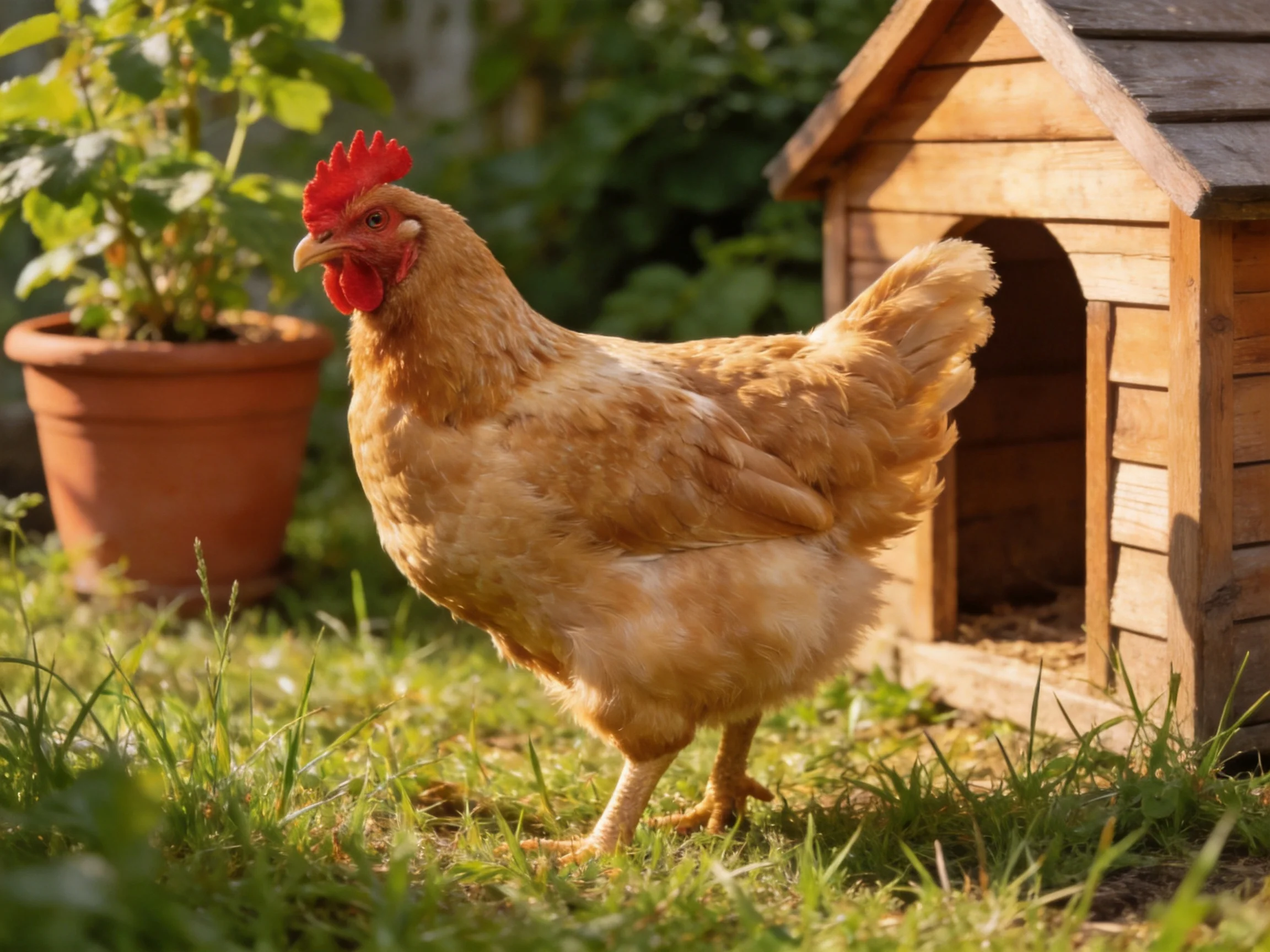 A golden-brown hen stands near a wooden chicken coop with a terracotta potted plant