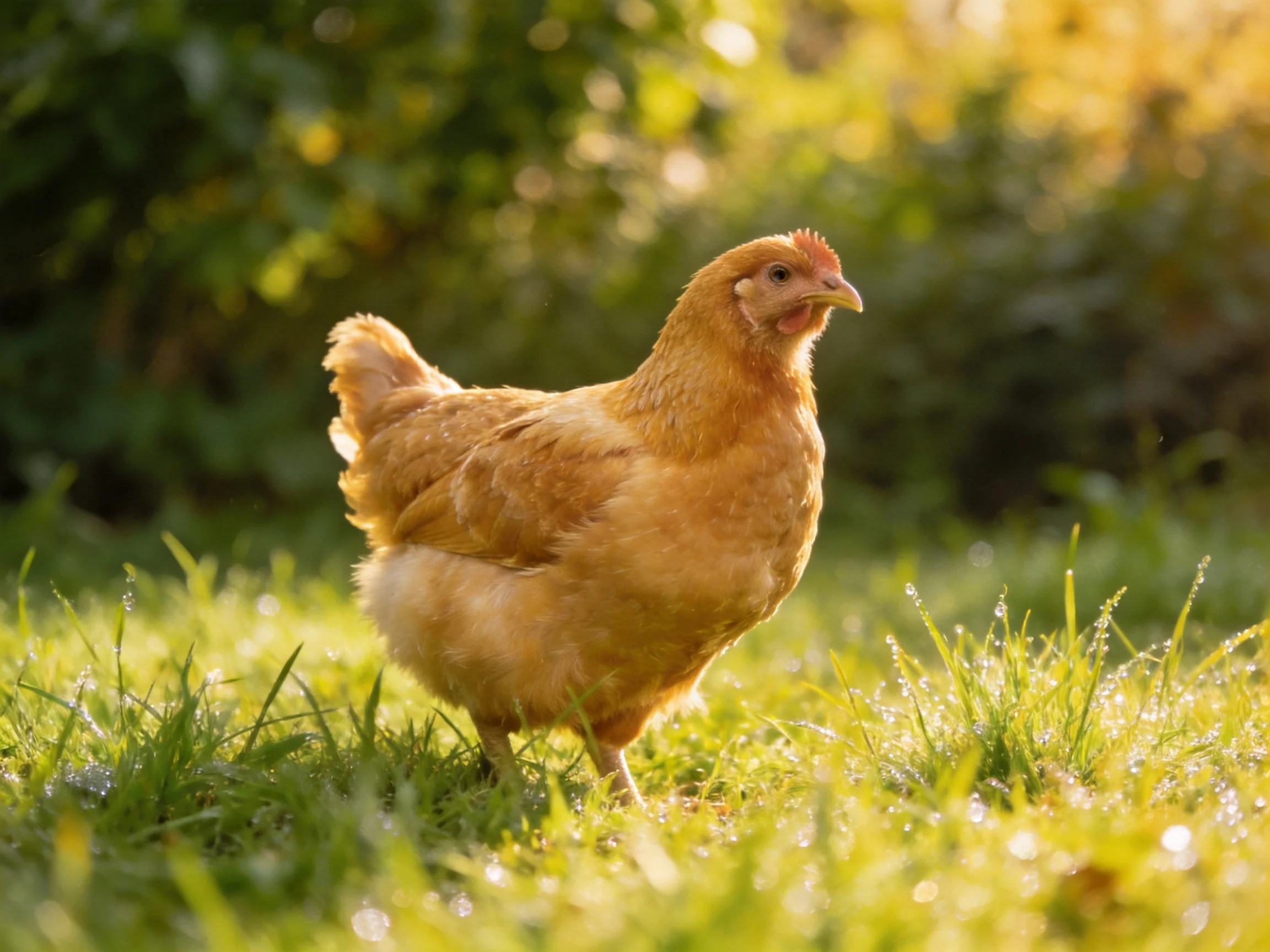 A golden-brown hen stands on dewy grass in sunlit green surroundings