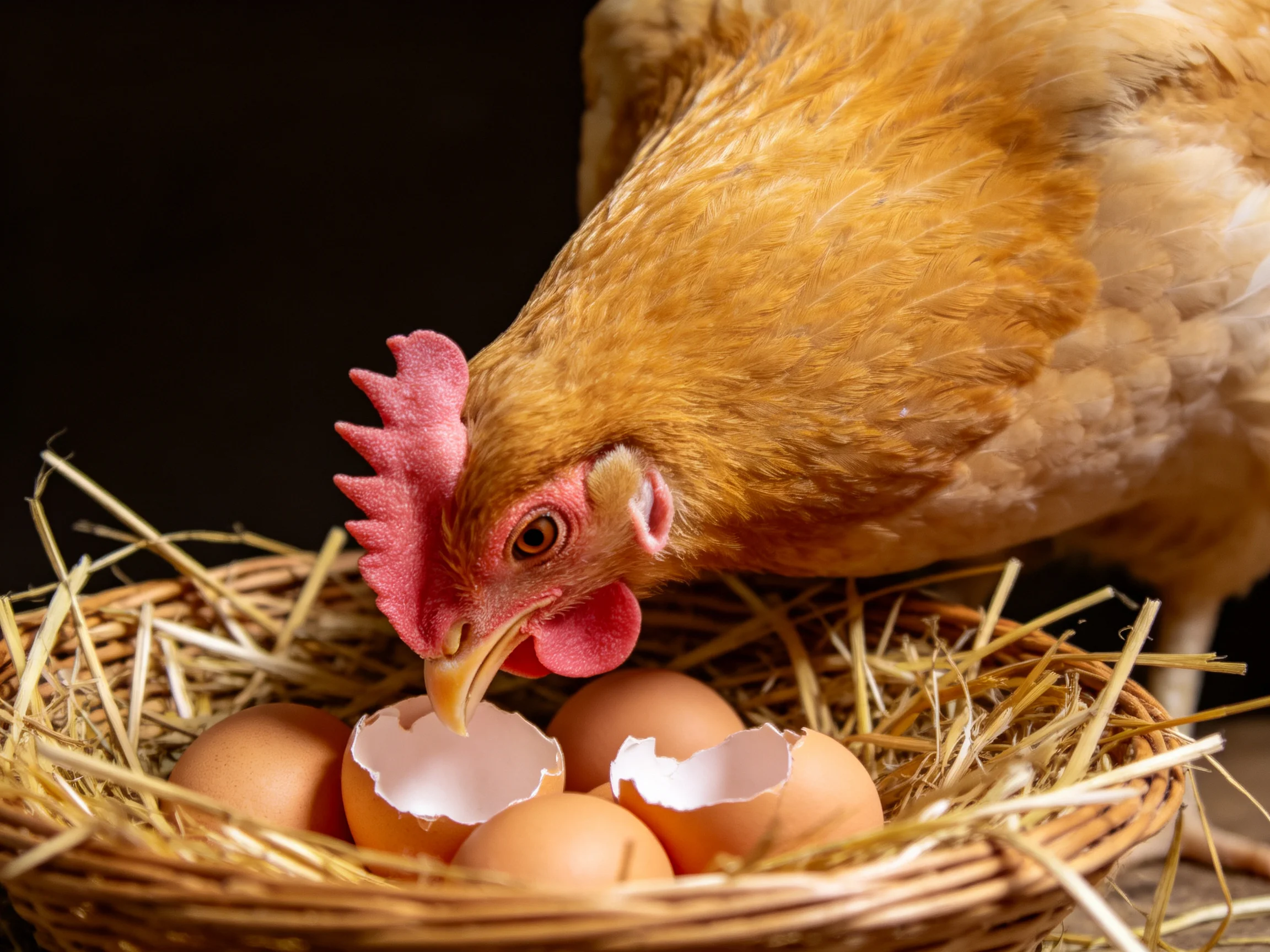 A golden-brown hen with a red comb inspects broken eggs in a straw nest