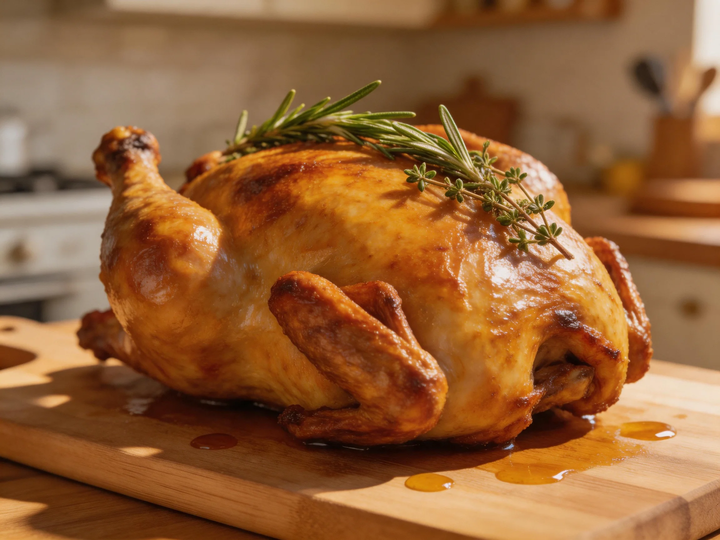 A golden-brown roasted chicken adorned with fresh herbs