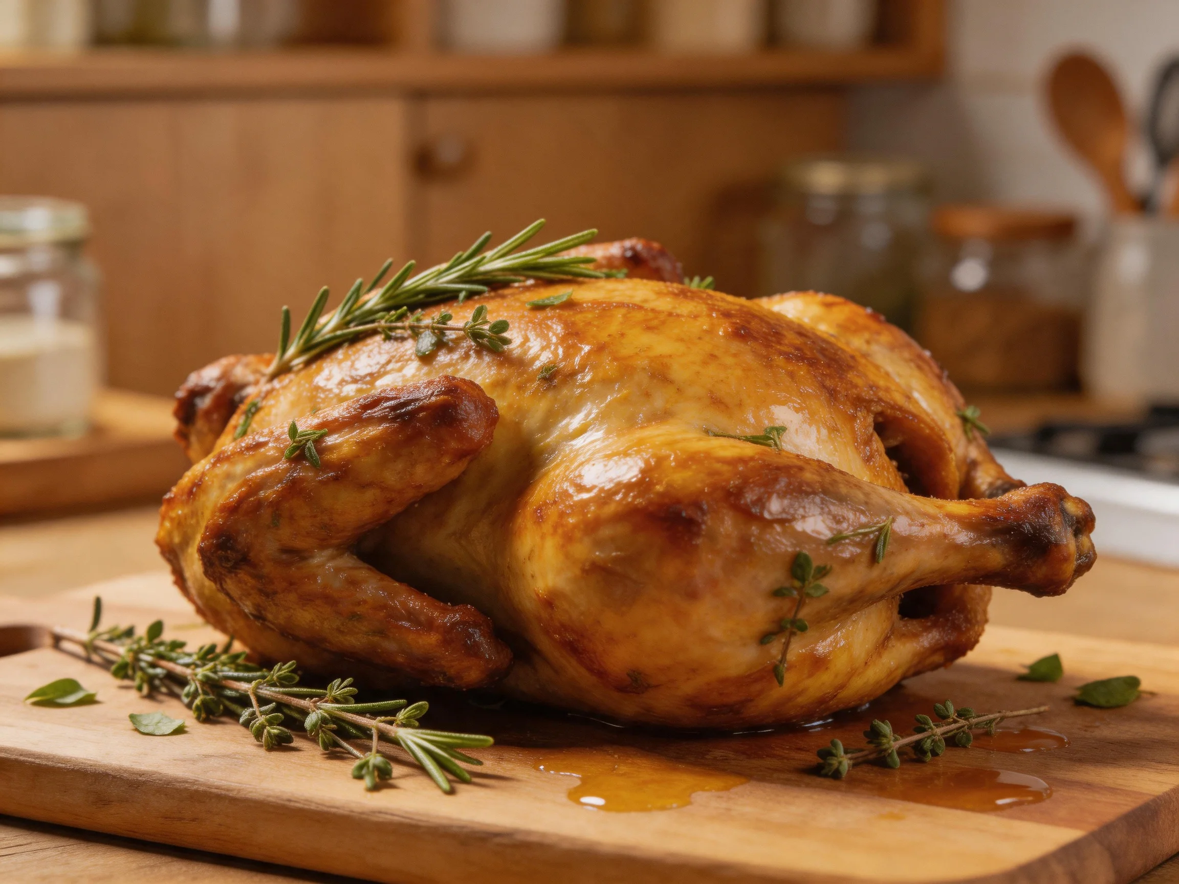 A golden-brown roasted chicken adorned with fresh herbs