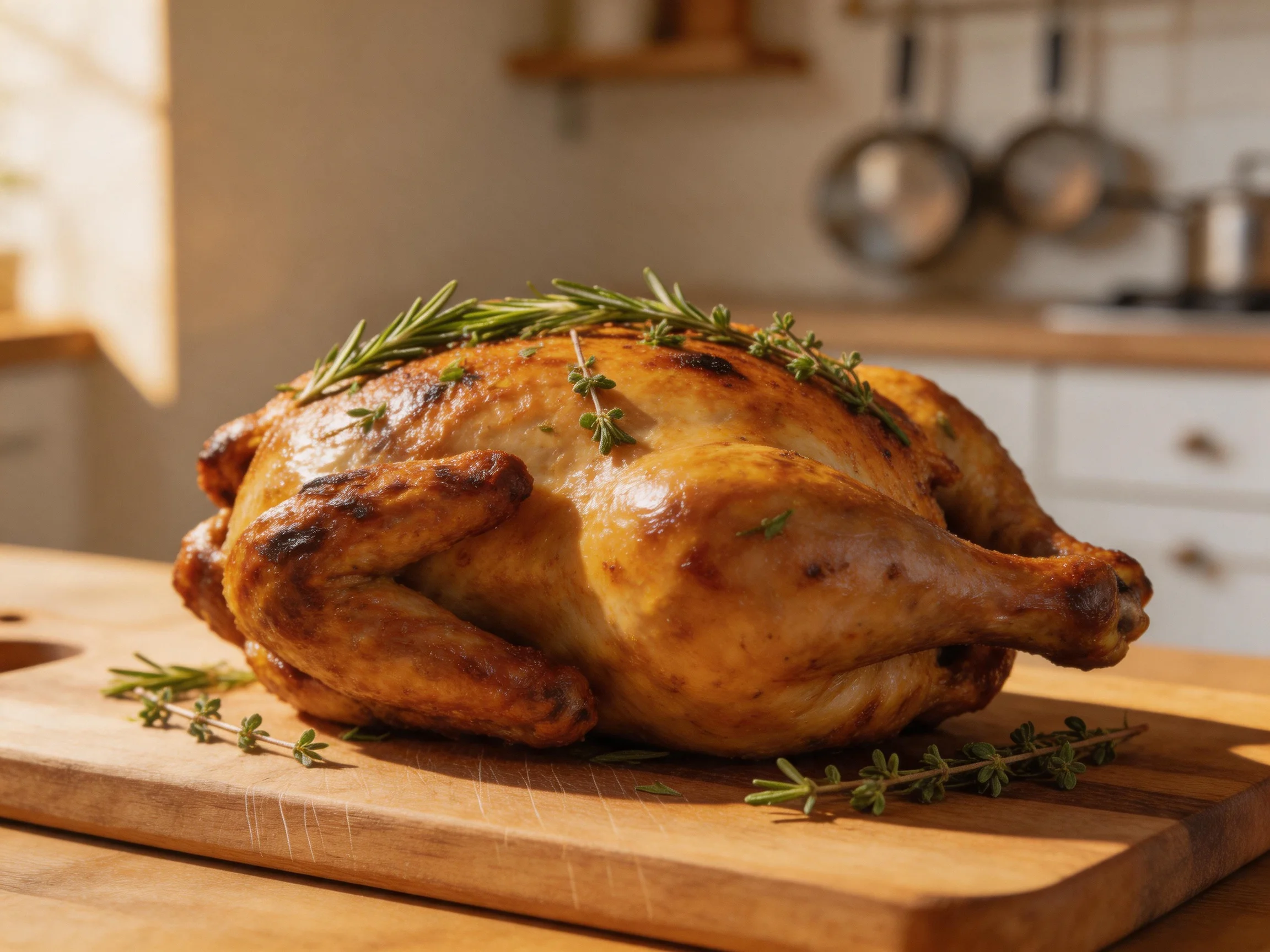 A golden-brown roasted chicken adorned with fresh rosemary and thyme