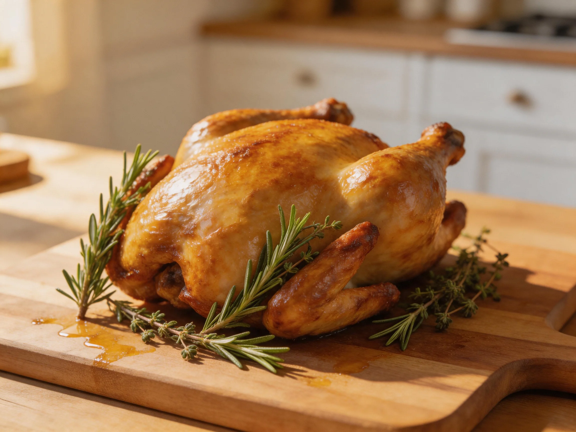 A golden-brown roasted chicken adorned with rosemary and thyme on a wooden cutting board