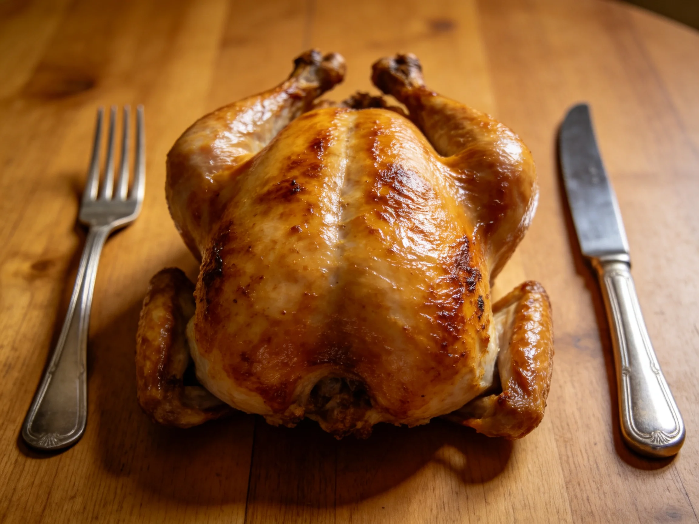 A golden-brown roasted chicken centered on a wooden table with silverware