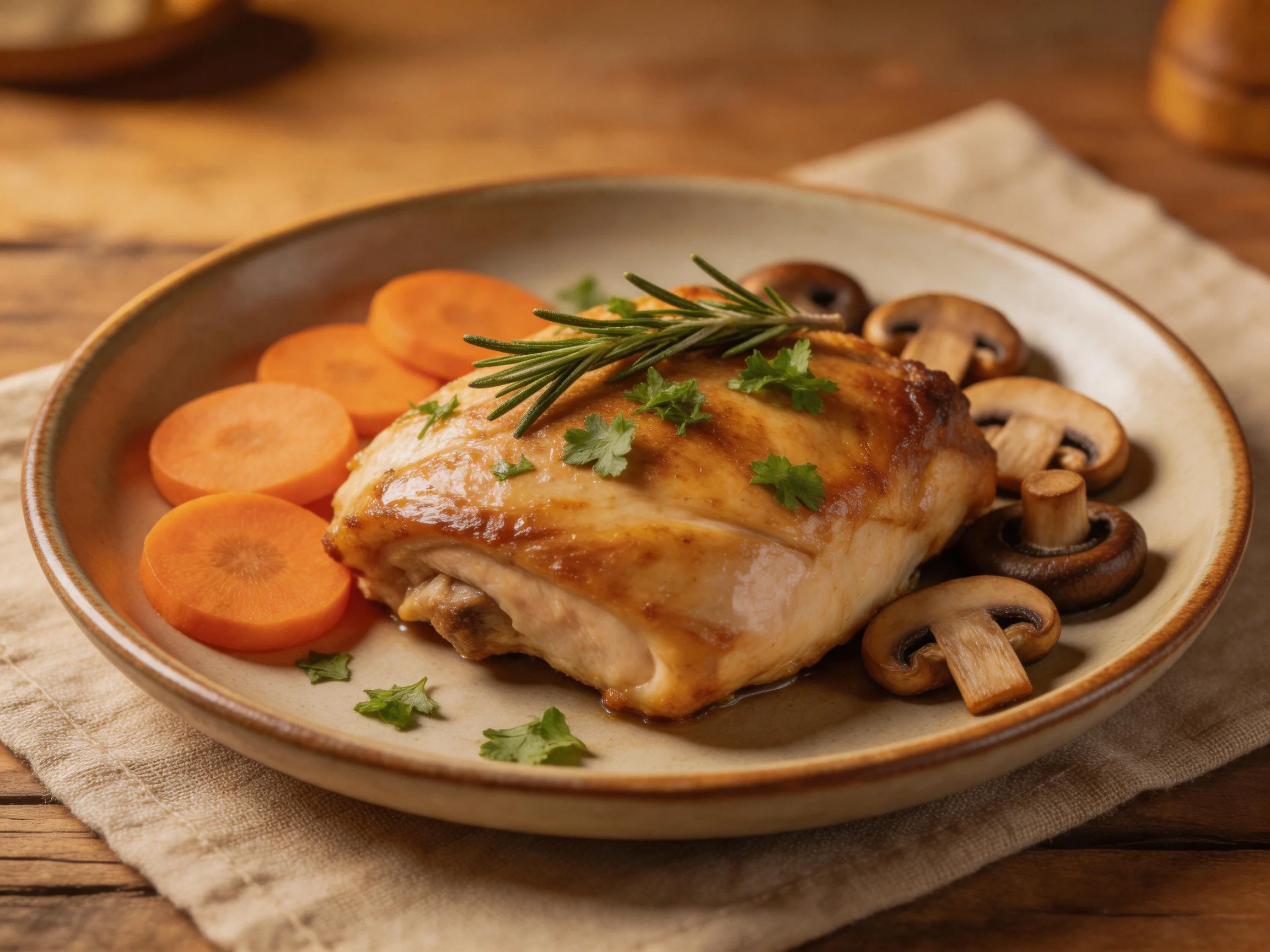 A golden-brown roasted chicken dish with carrots, mushrooms, and herbs