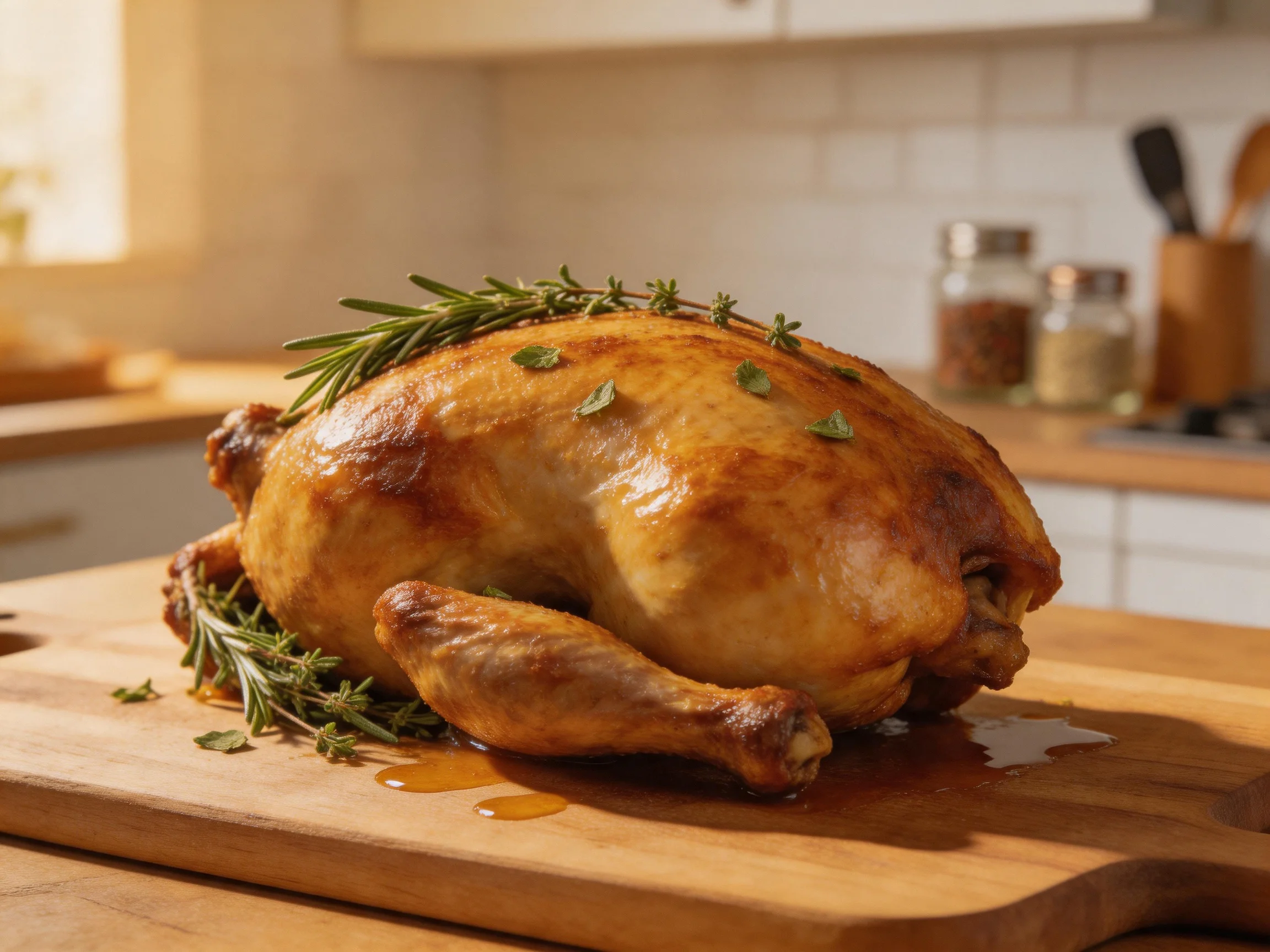 A golden-brown roasted chicken garnished with fresh herbs