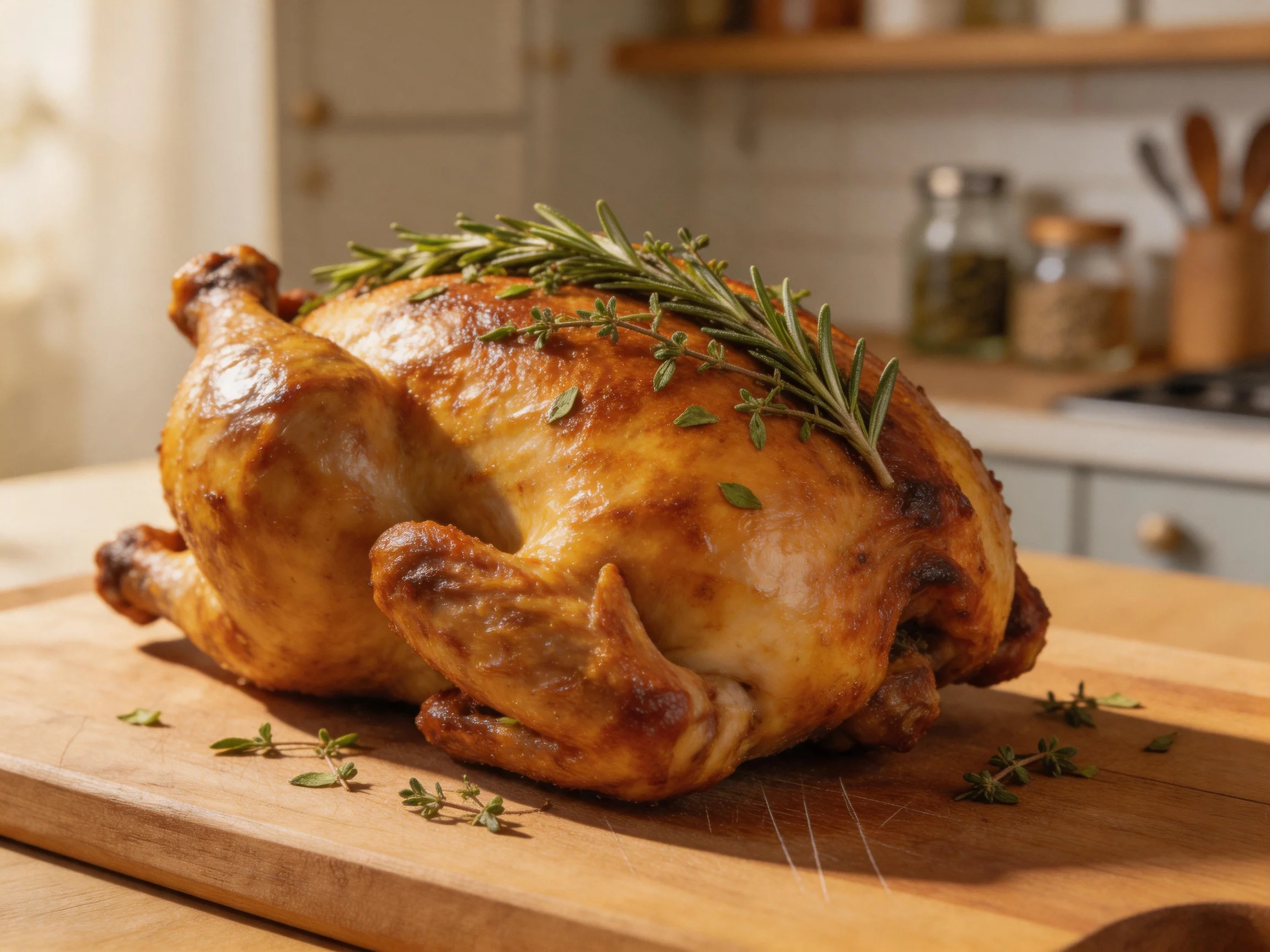 A golden-brown roasted chicken garnished with fresh herbs