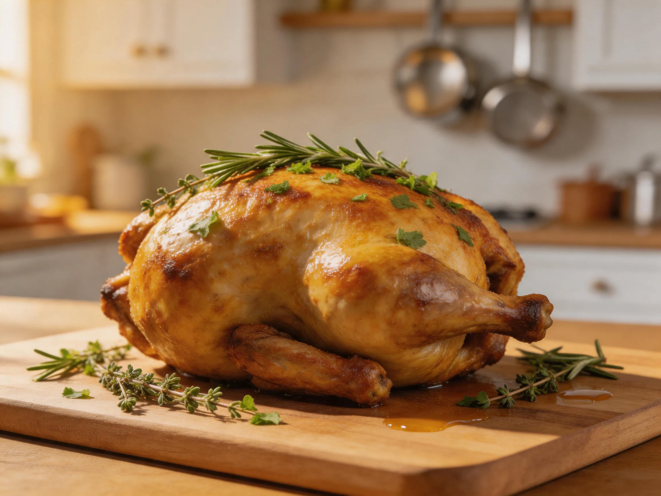 A golden-brown roasted chicken garnished with fresh herbs