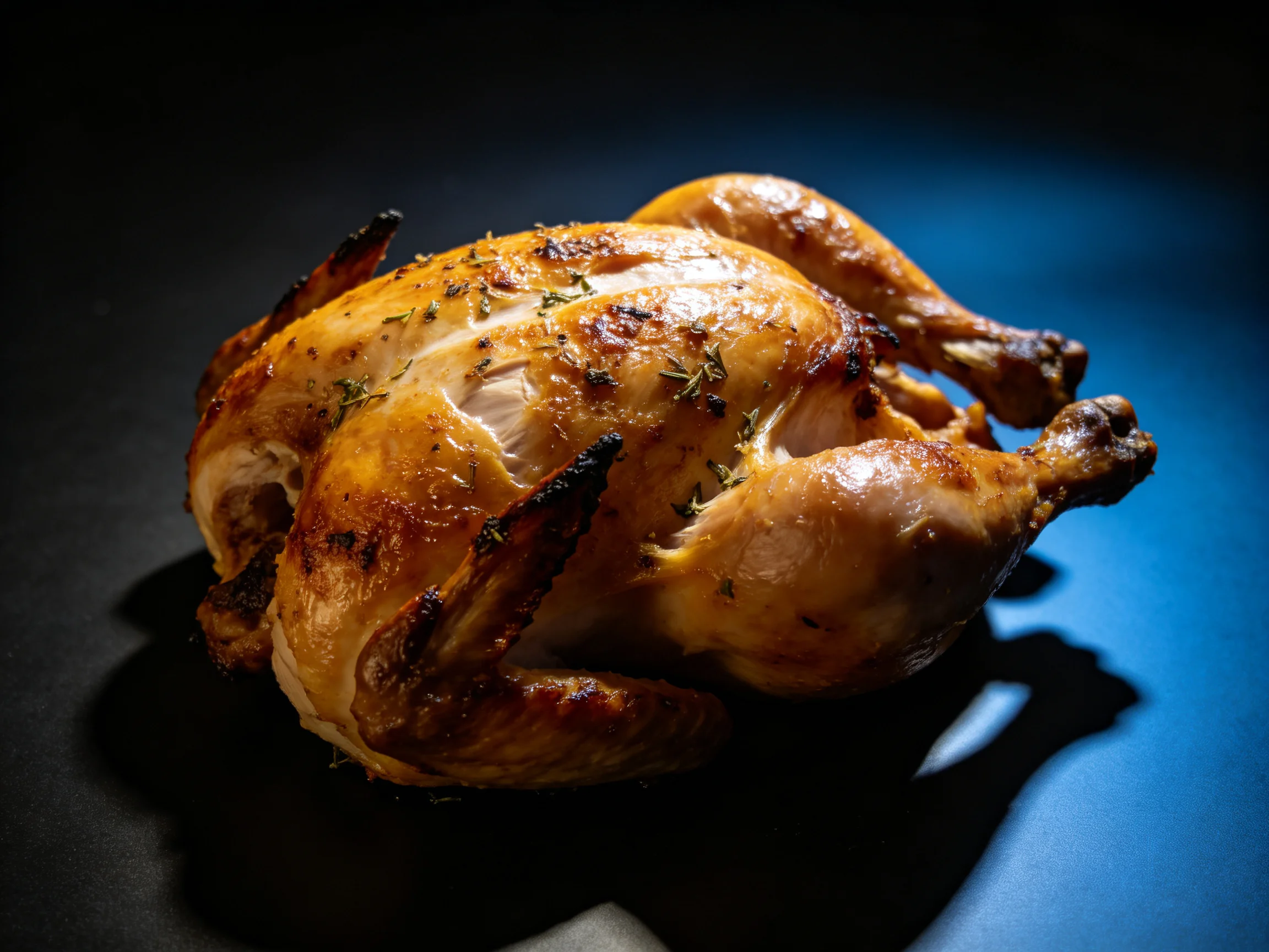 A golden-brown roasted chicken garnished with fresh herbs