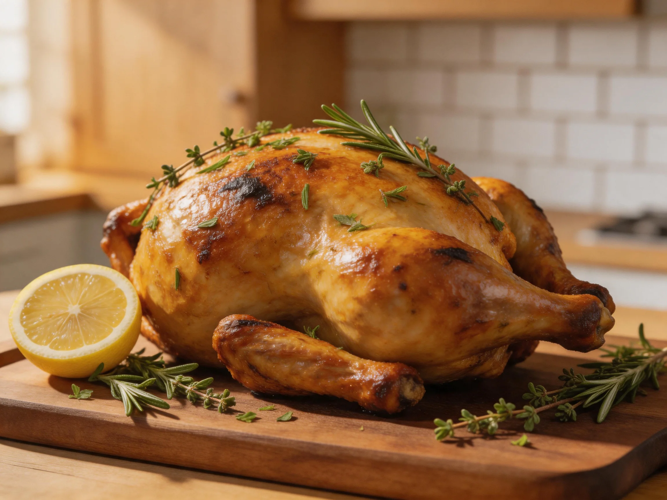 A golden-brown roasted chicken garnished with fresh herbs and a lemon on a wooden cutting board