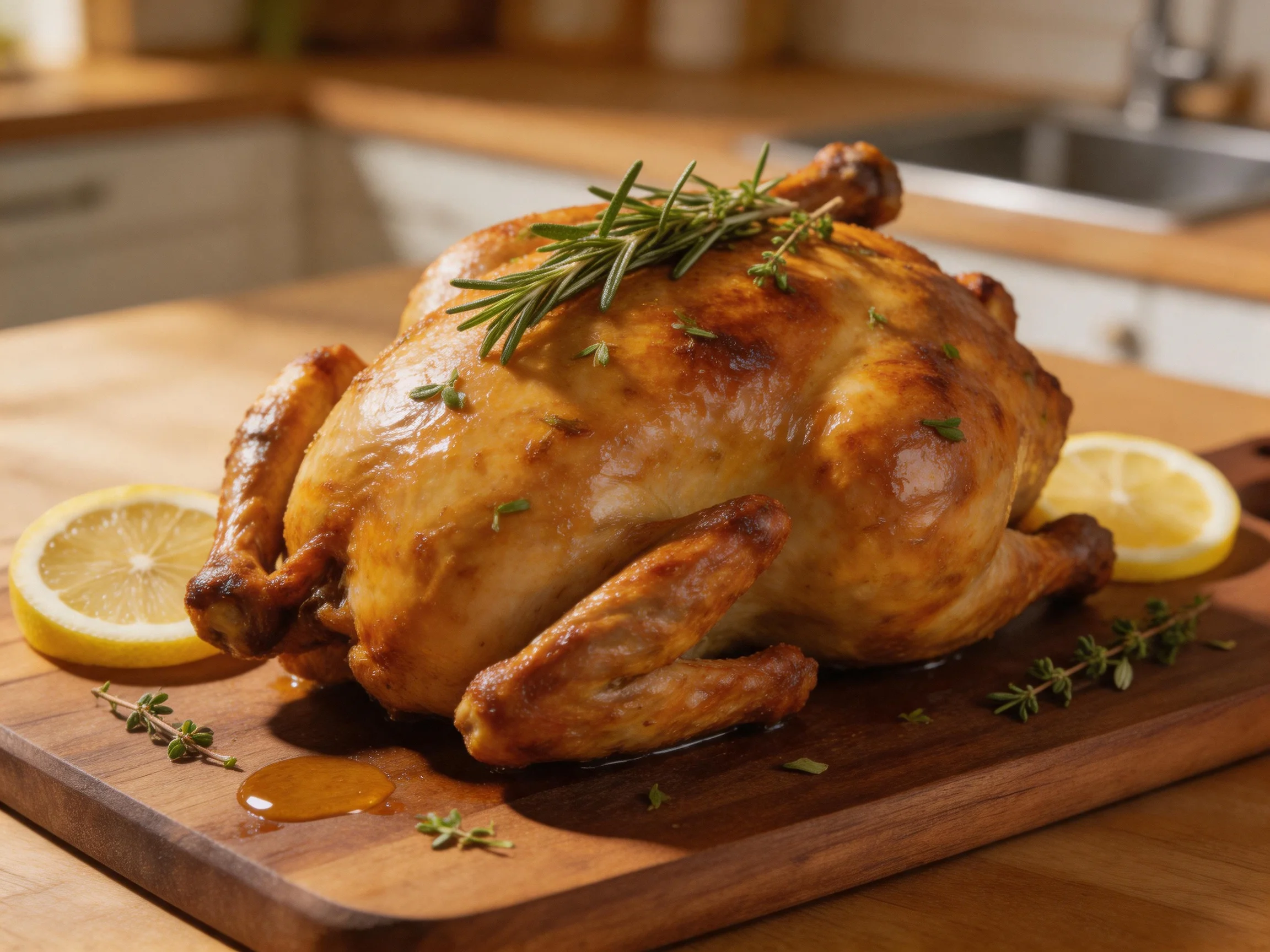 A golden-brown roasted chicken garnished with fresh herbs and lemon slices