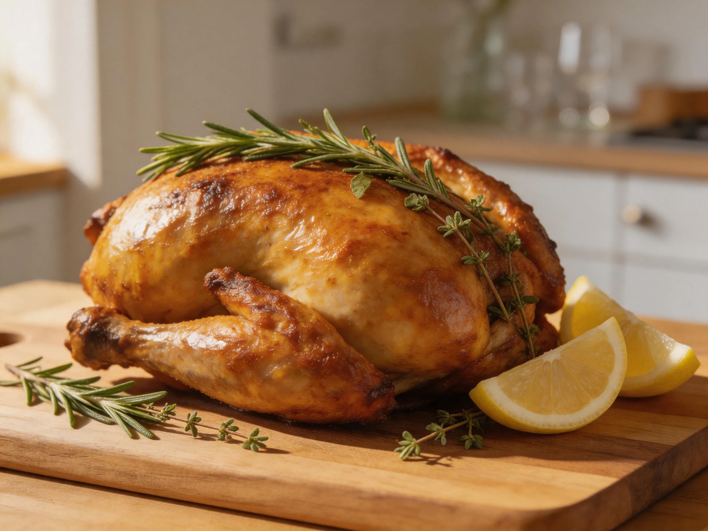 A golden-brown roasted chicken garnished with fresh herbs and lemon wedges