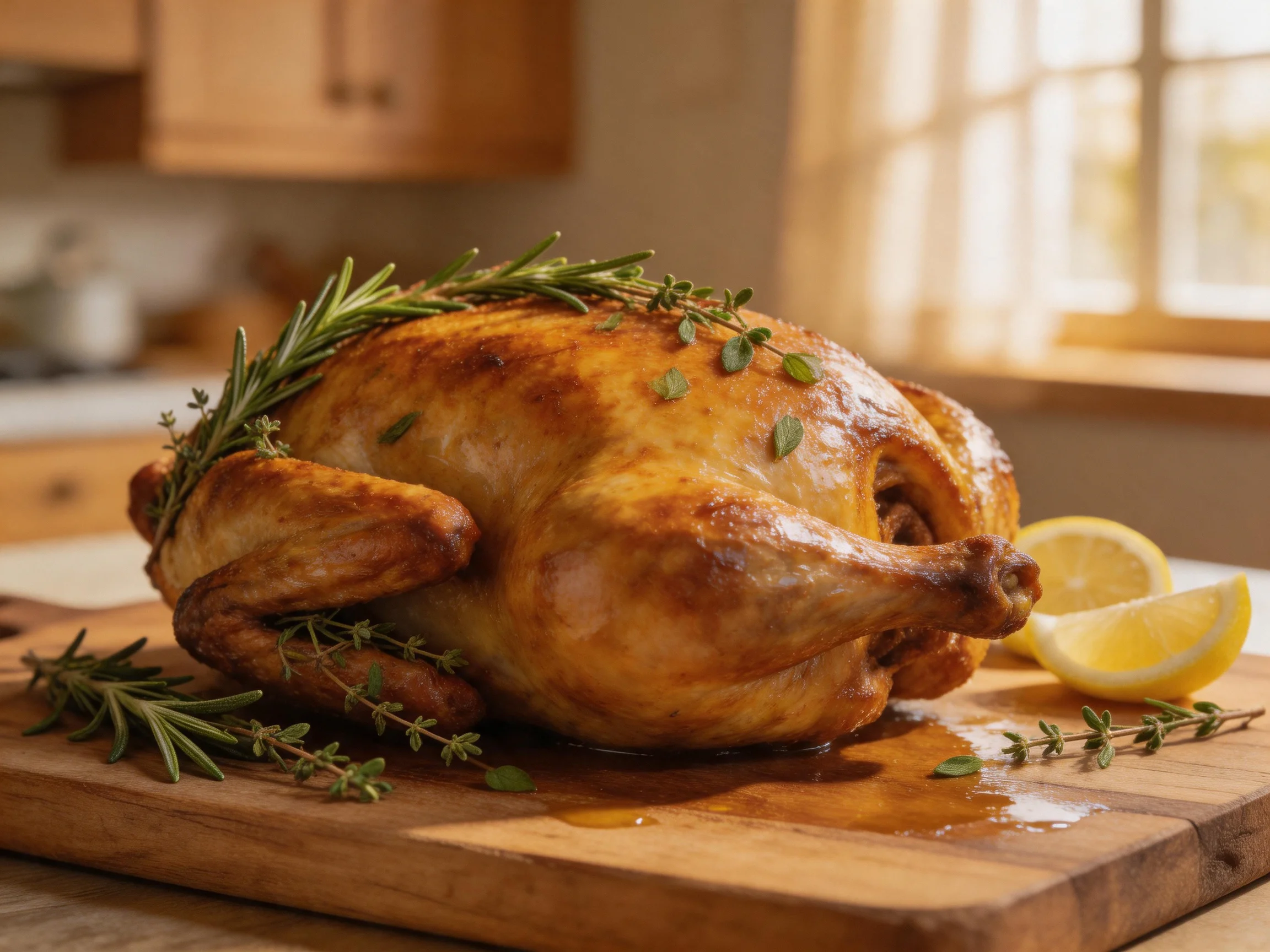A golden-brown roasted chicken garnished with fresh herbs and lemon wedges