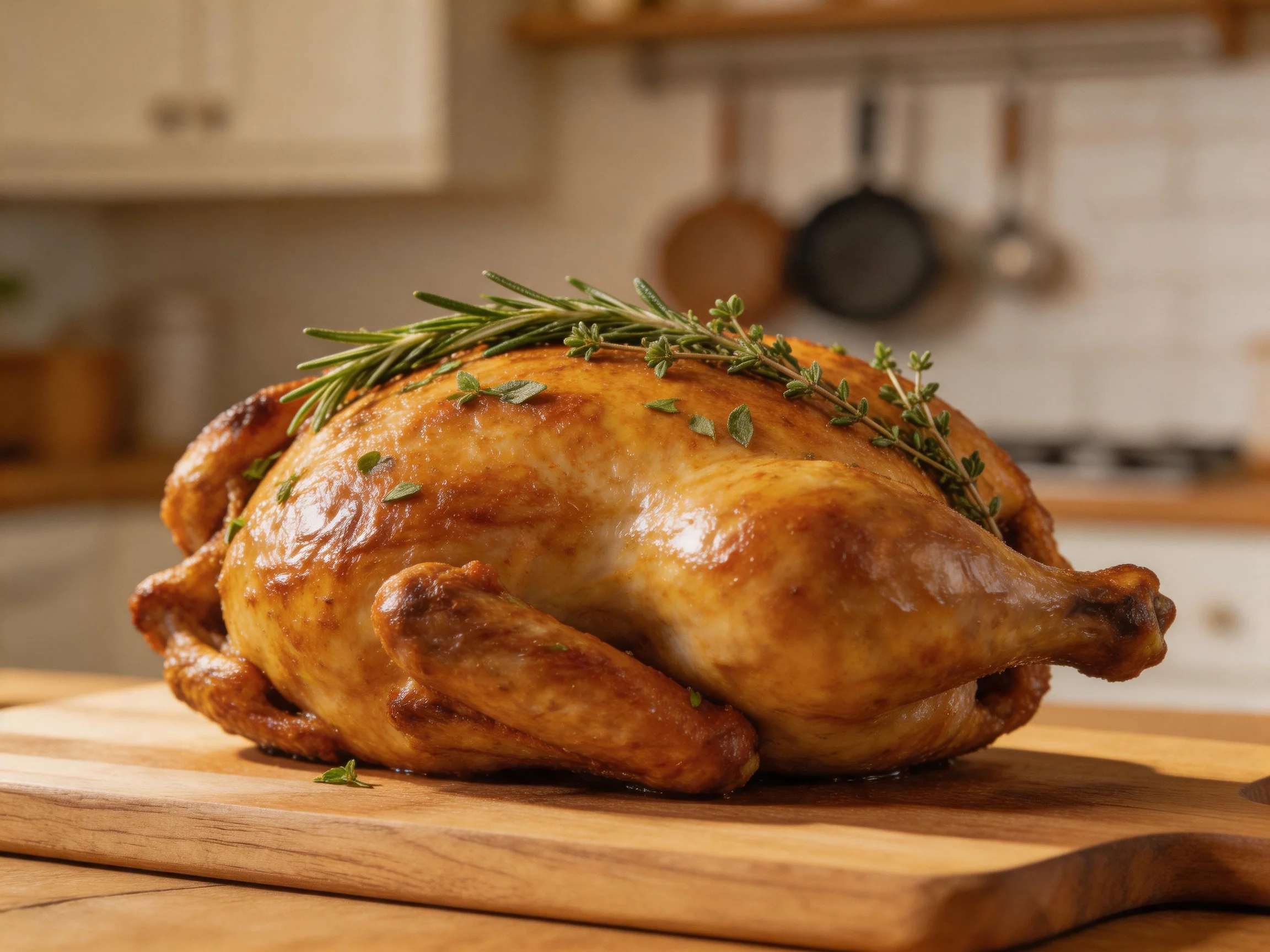 A golden-brown roasted chicken garnished with fresh herbs