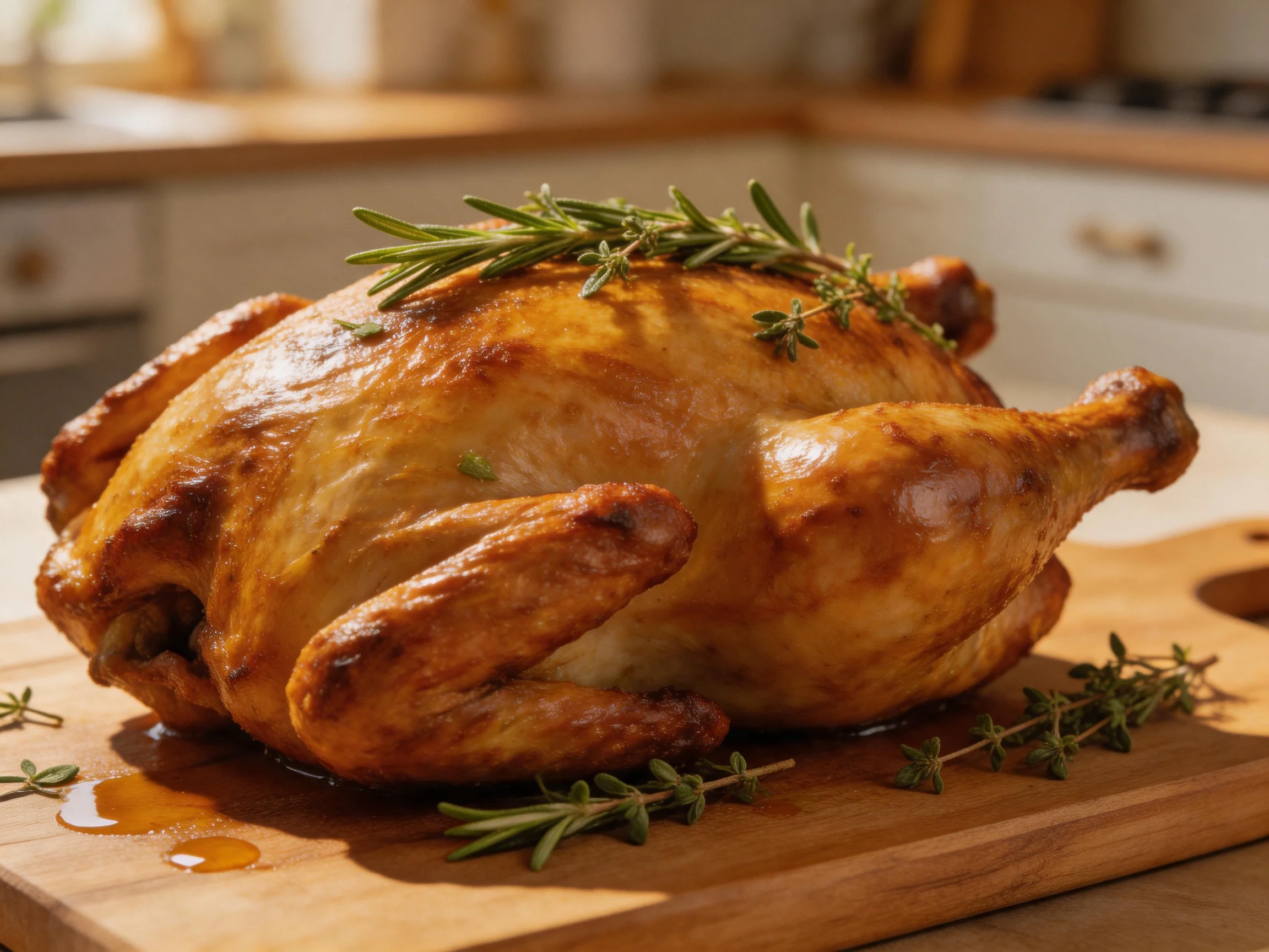 A golden-brown roasted chicken garnished with fresh herbs