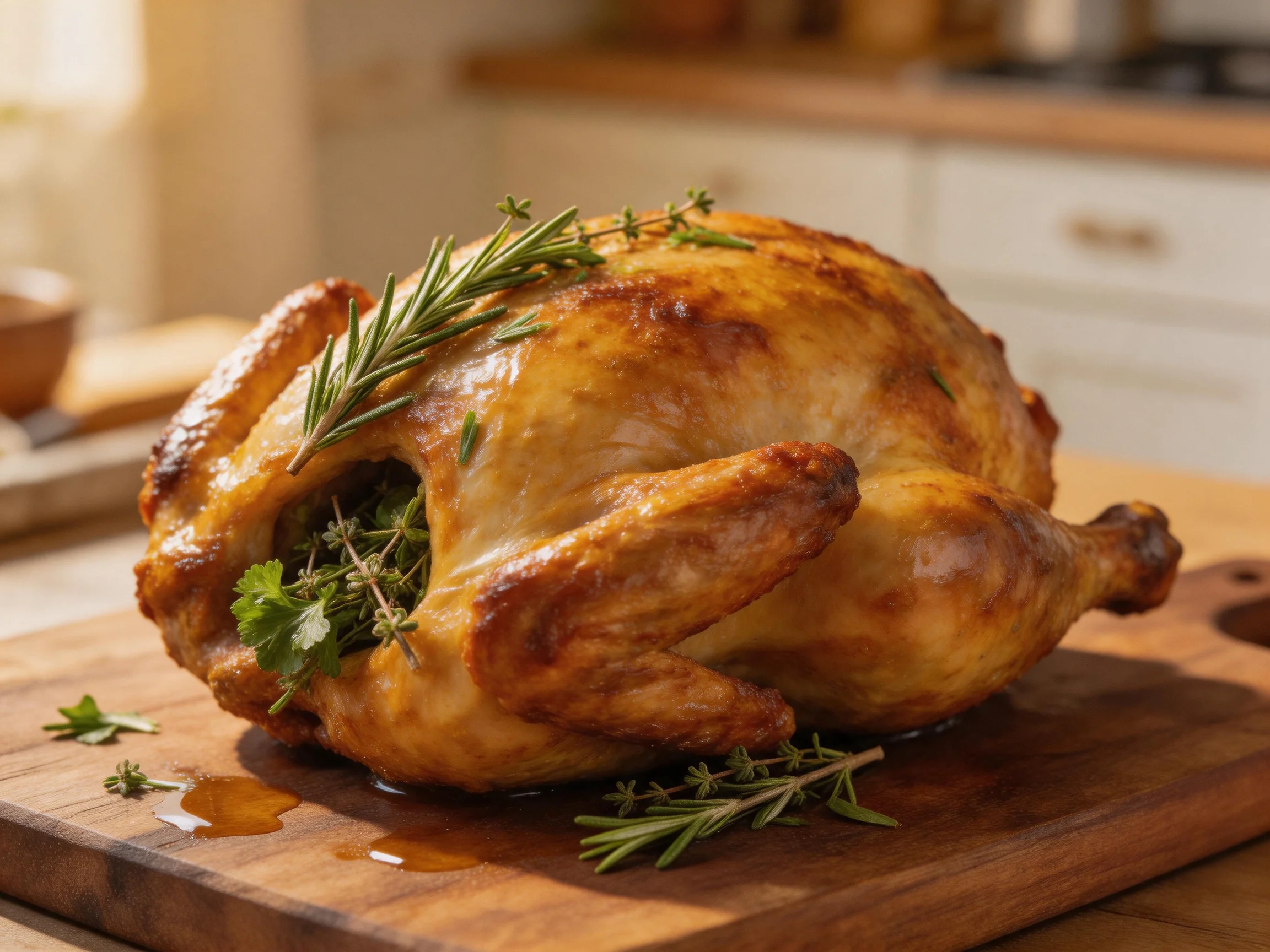 A golden-brown roasted chicken garnished with fresh herbs