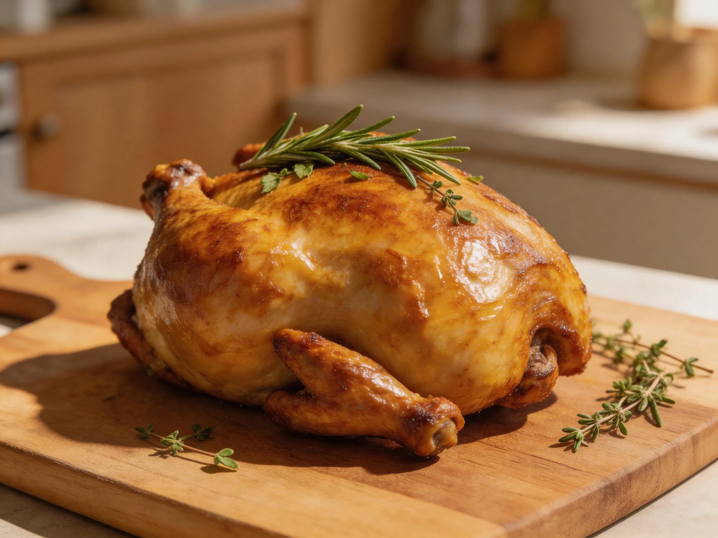 A golden-brown roasted chicken garnished with fresh herbs