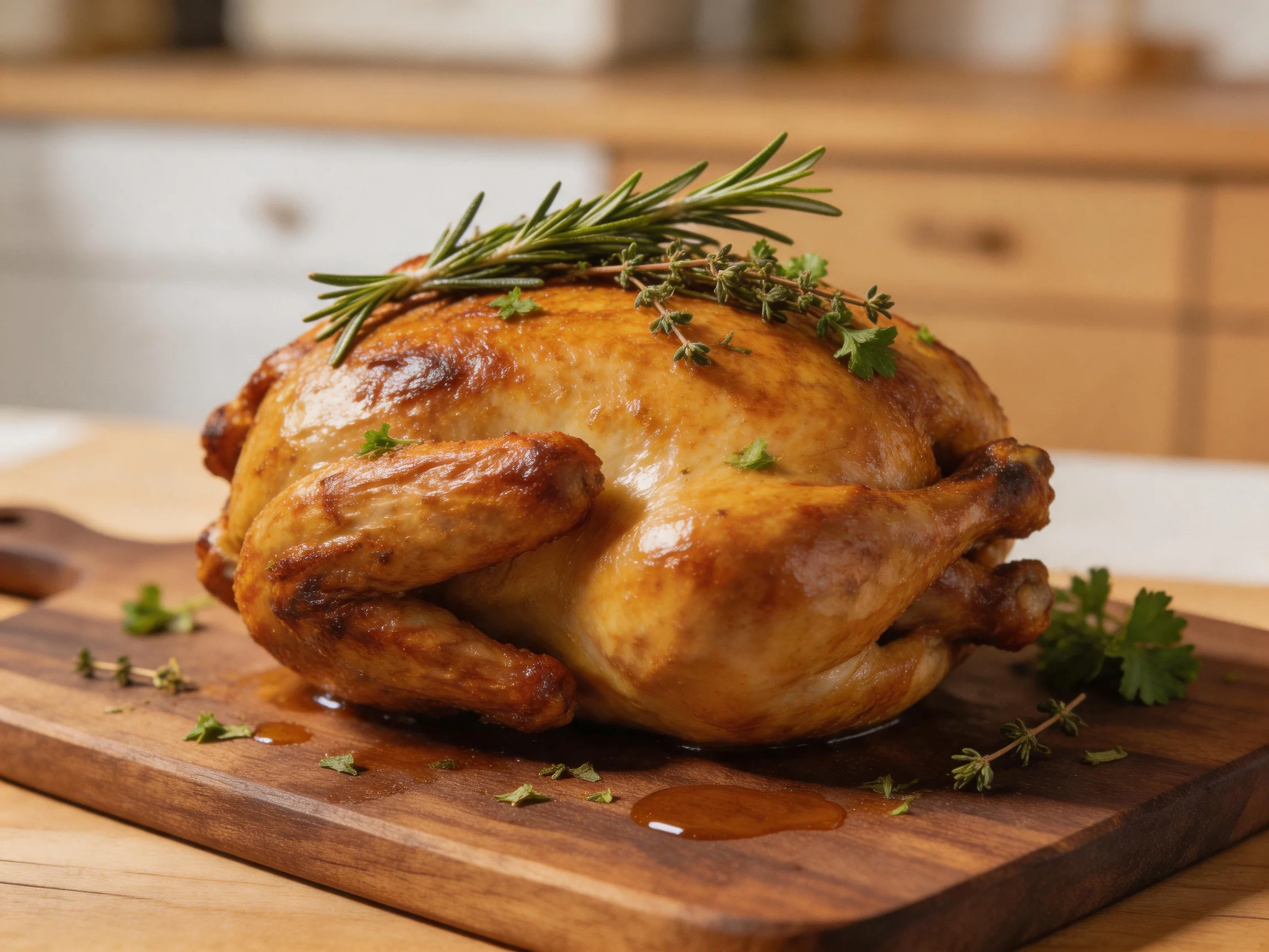 A golden-brown roasted chicken garnished with fresh herbs on a wooden board