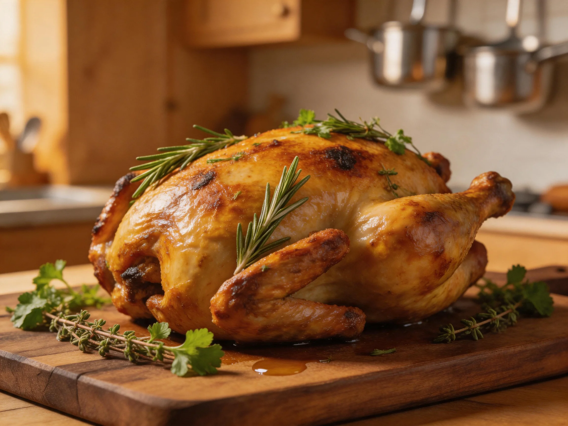 A golden-brown roasted chicken garnished with fresh herbs on a wooden cutting board
