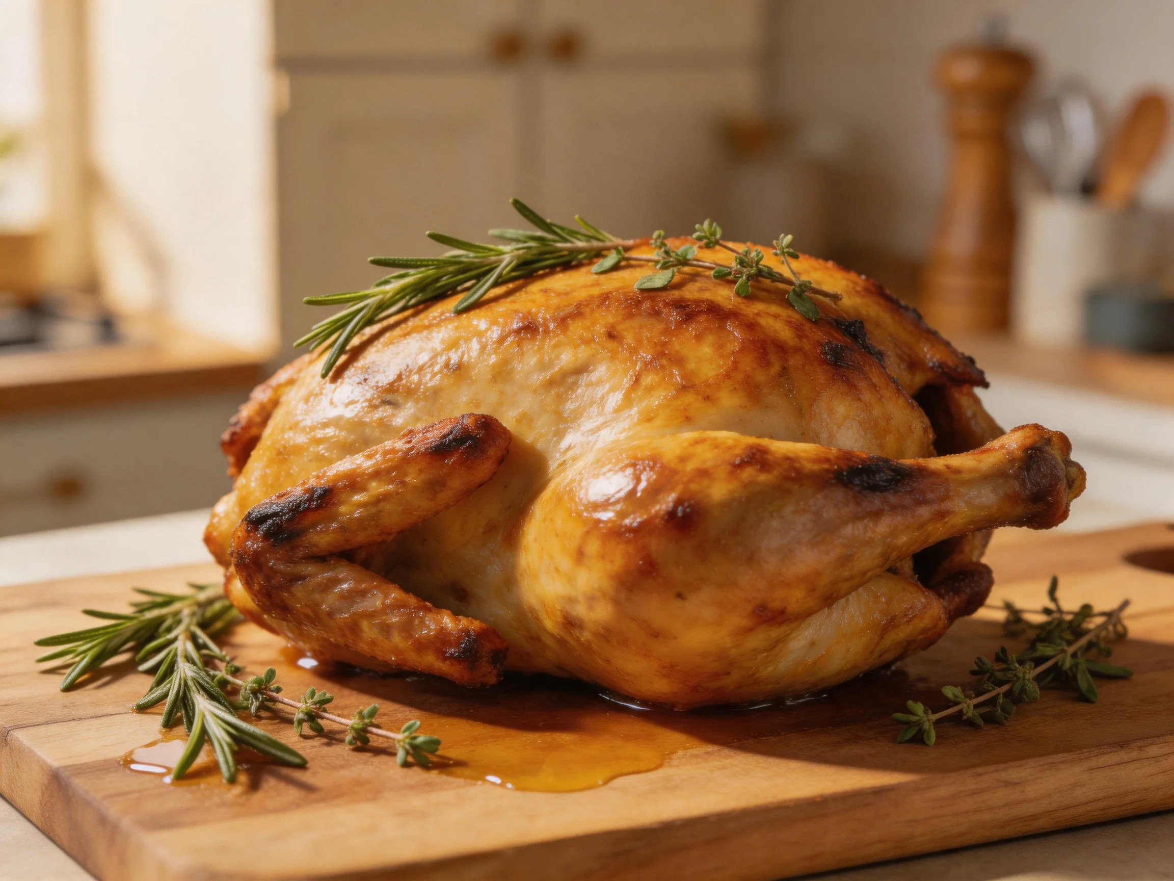 A golden-brown roasted chicken garnished with fresh herbs on a wooden cutting board