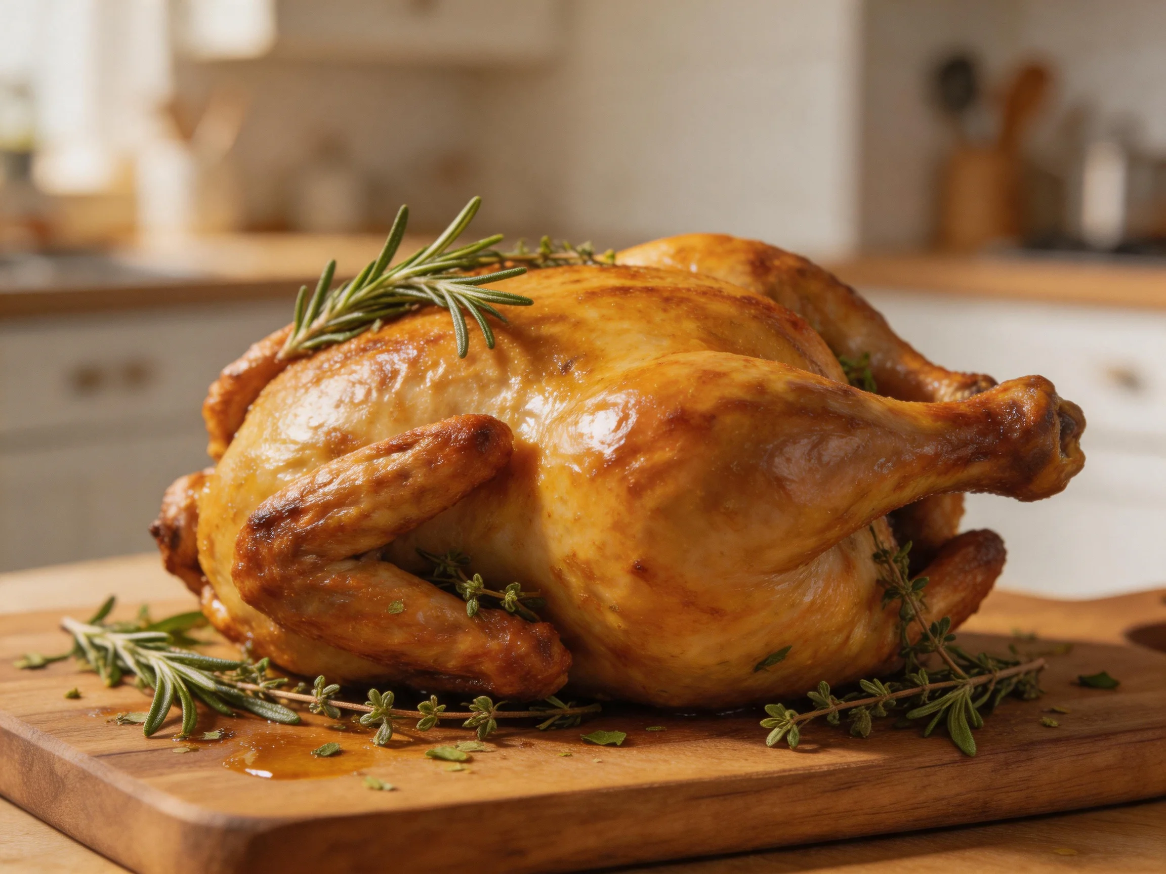 A golden-brown roasted chicken garnished with fresh herbs on a wooden cutting board
