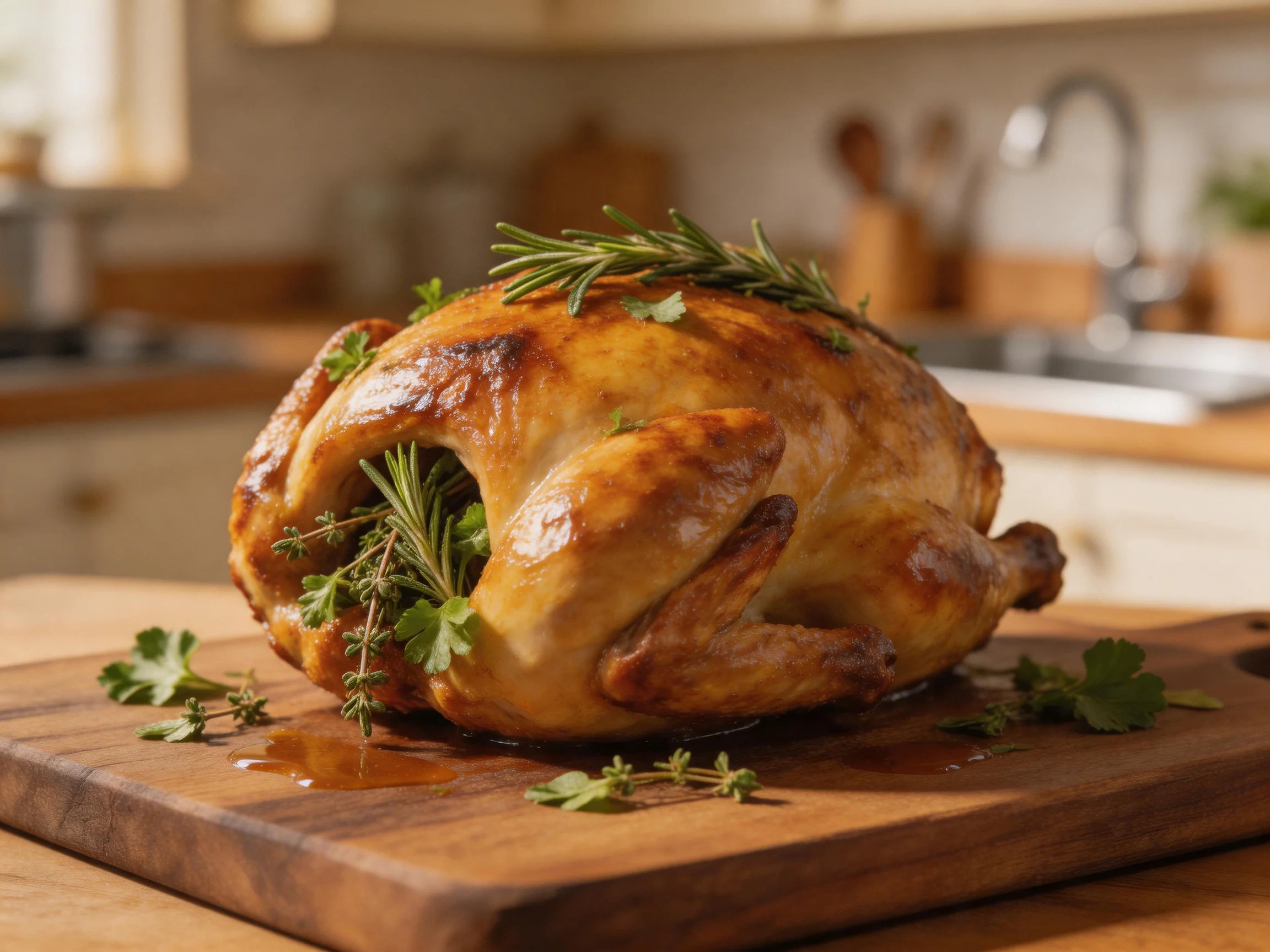 A golden-brown roasted chicken garnished with fresh herbs on a wooden cutting board