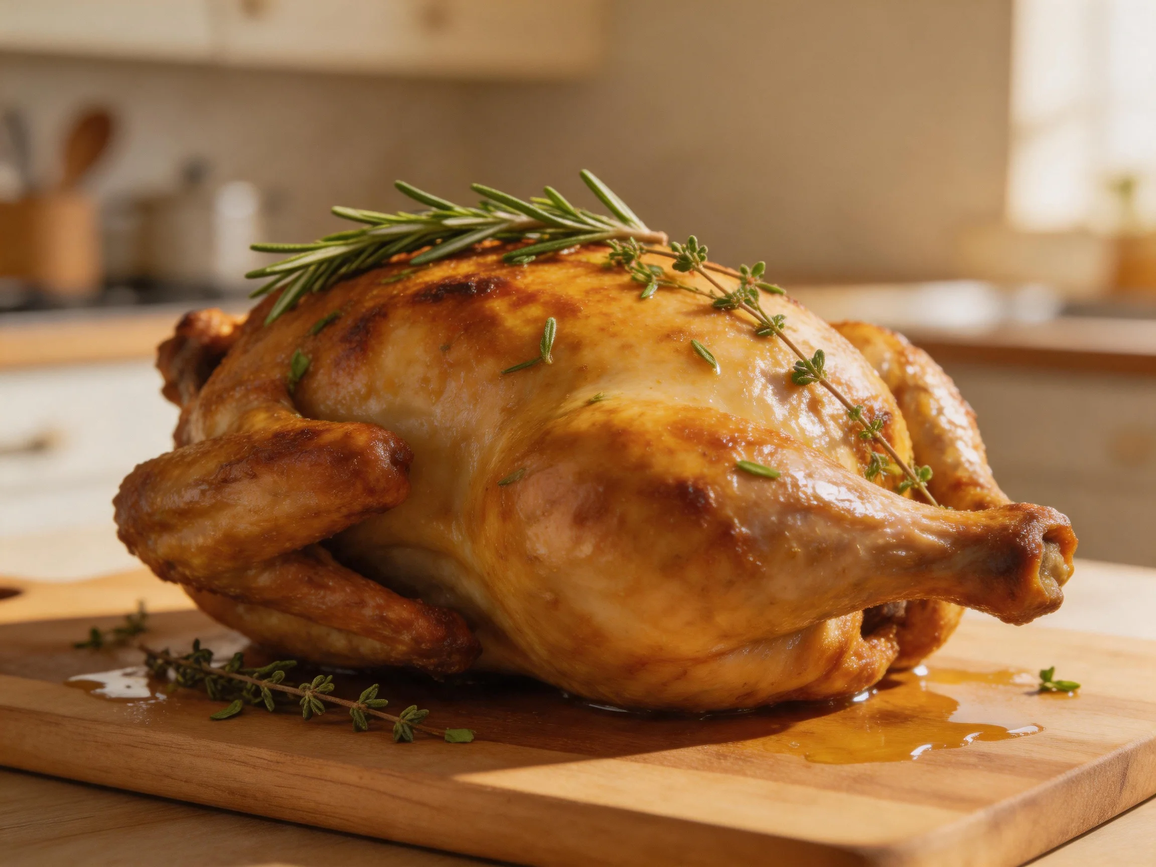 A golden-brown roasted chicken garnished with fresh herbs on a wooden cutting board