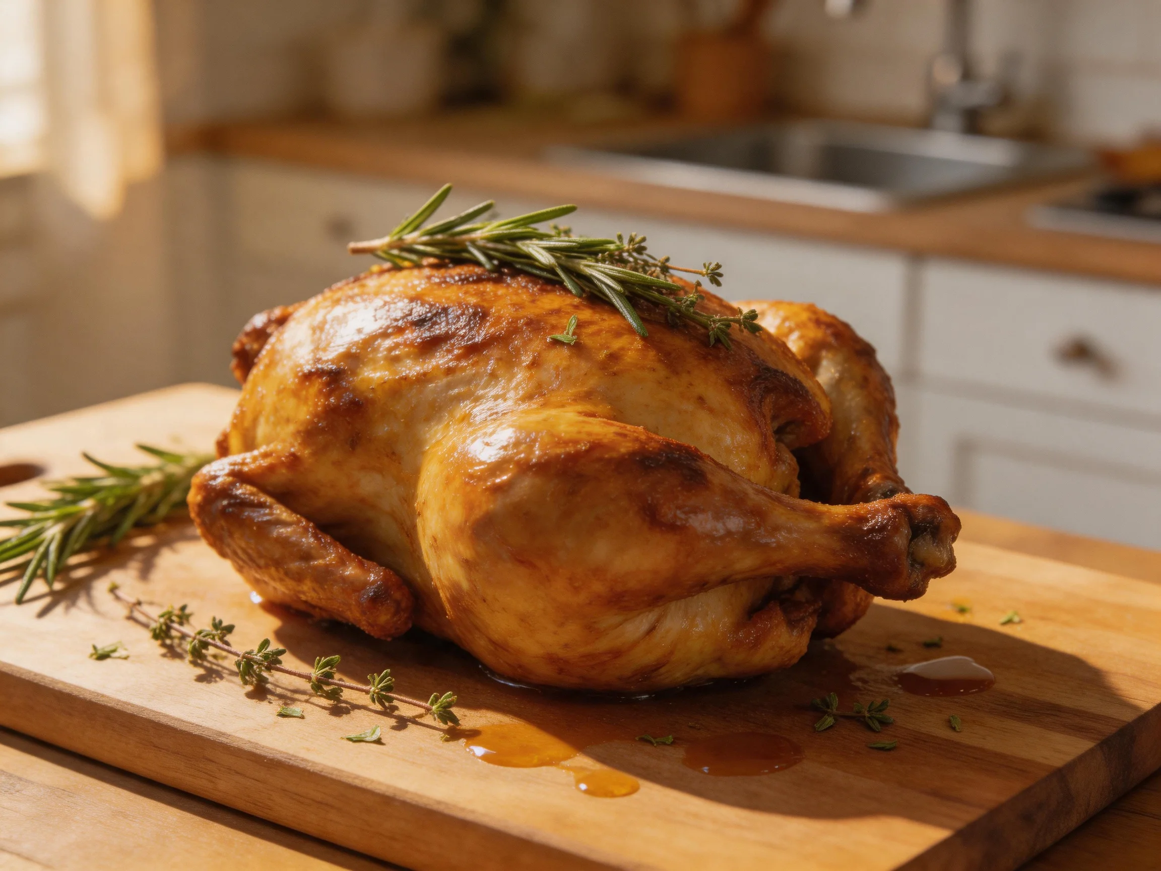 A golden-brown roasted chicken garnished with fresh herbs on a wooden cutting board