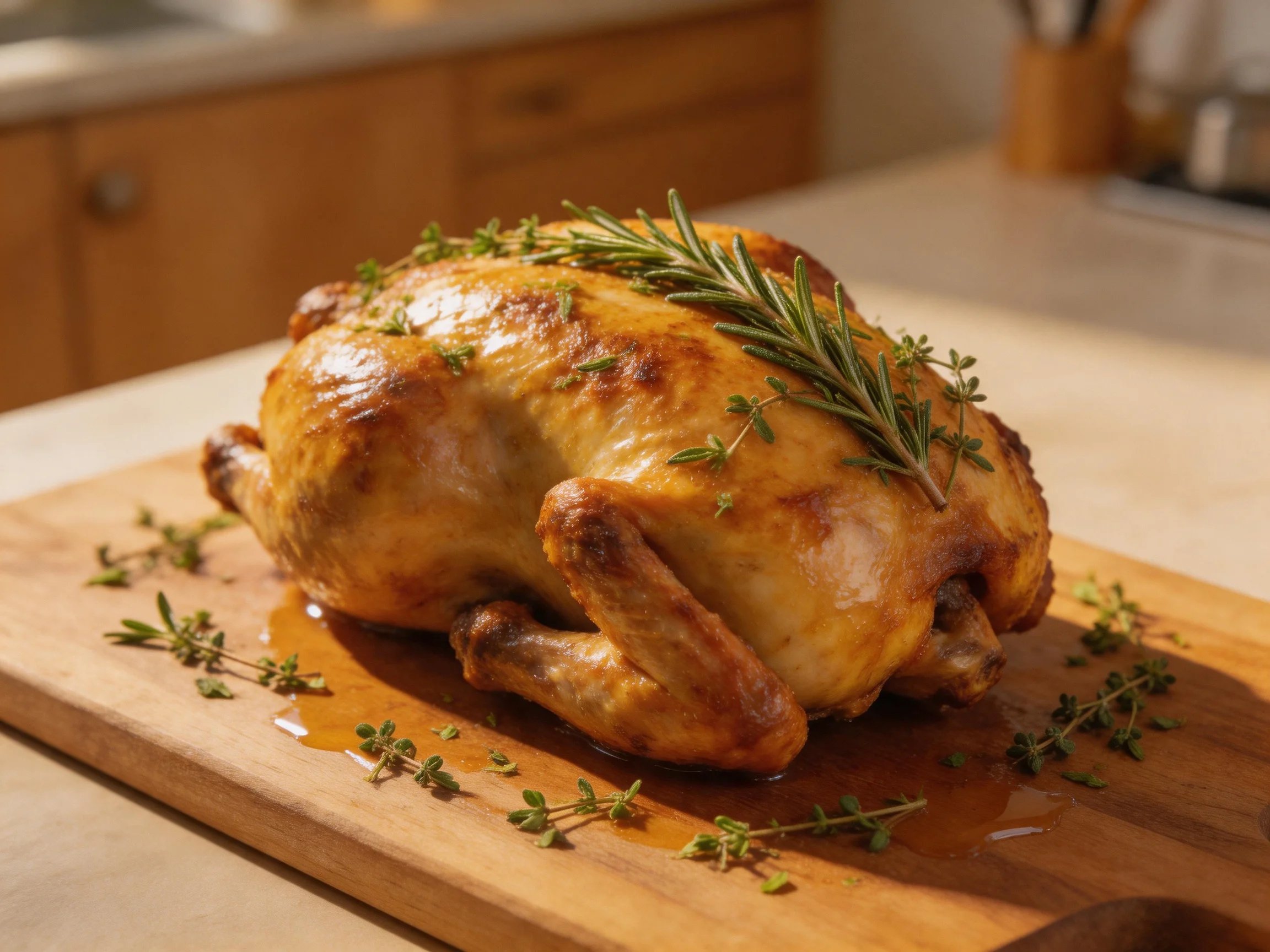 A golden-brown roasted chicken garnished with fresh herbs on a wooden cutting board