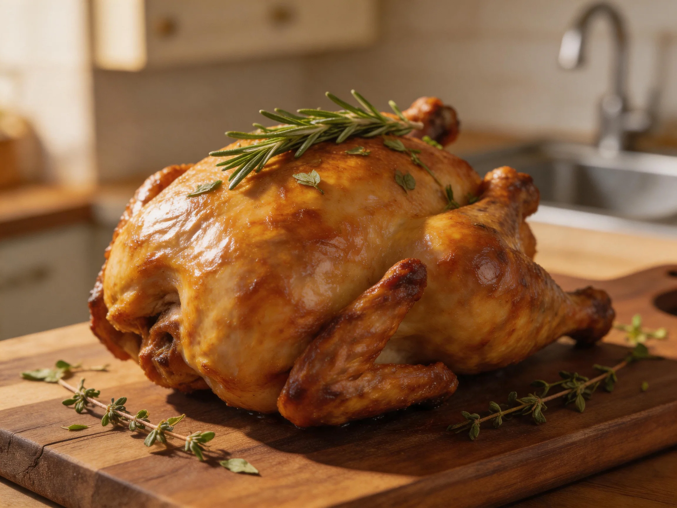 A golden-brown roasted chicken garnished with fresh herbs on a wooden cutting board