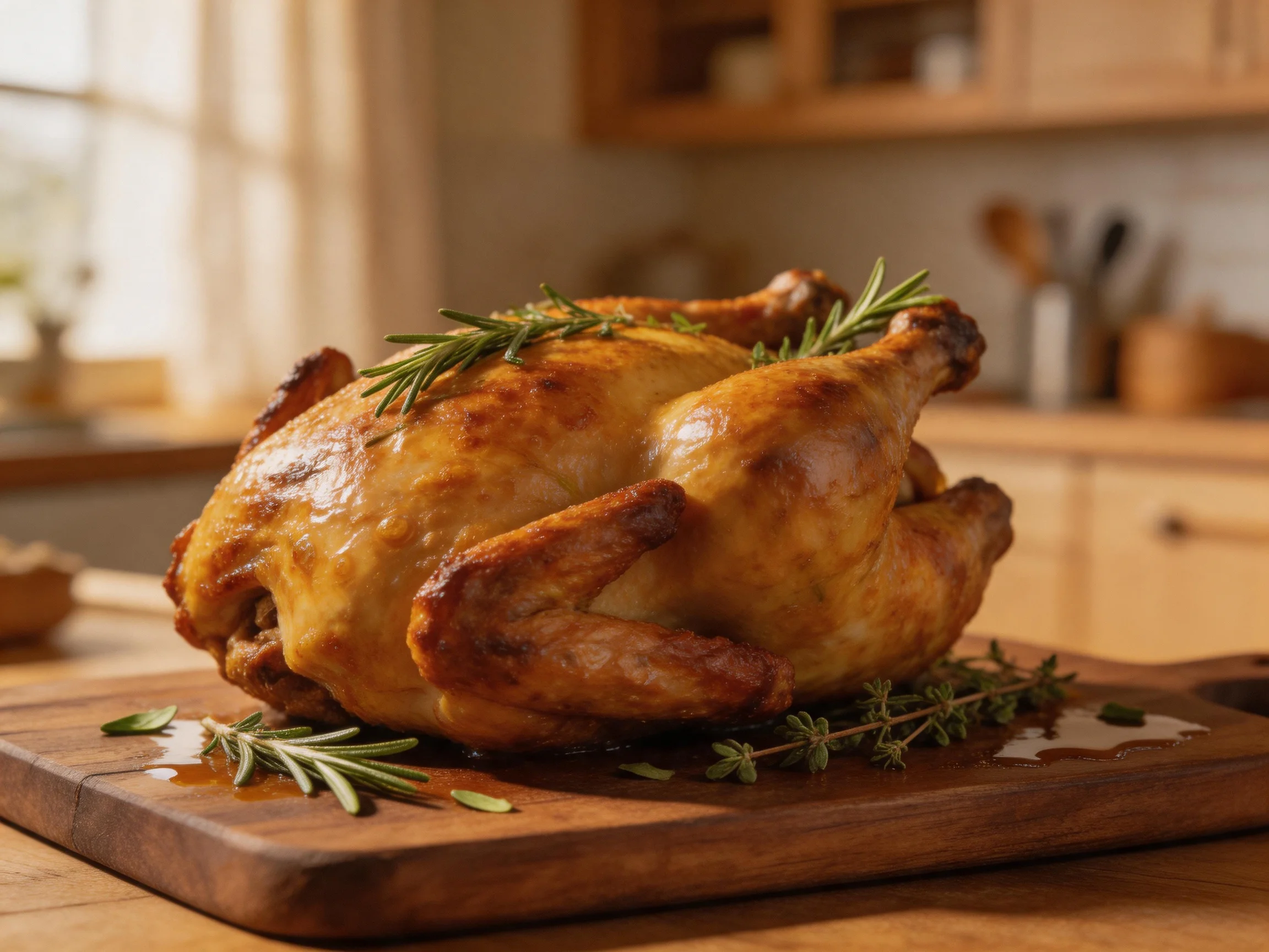 A golden-brown roasted chicken garnished with fresh herbs on a wooden cutting board