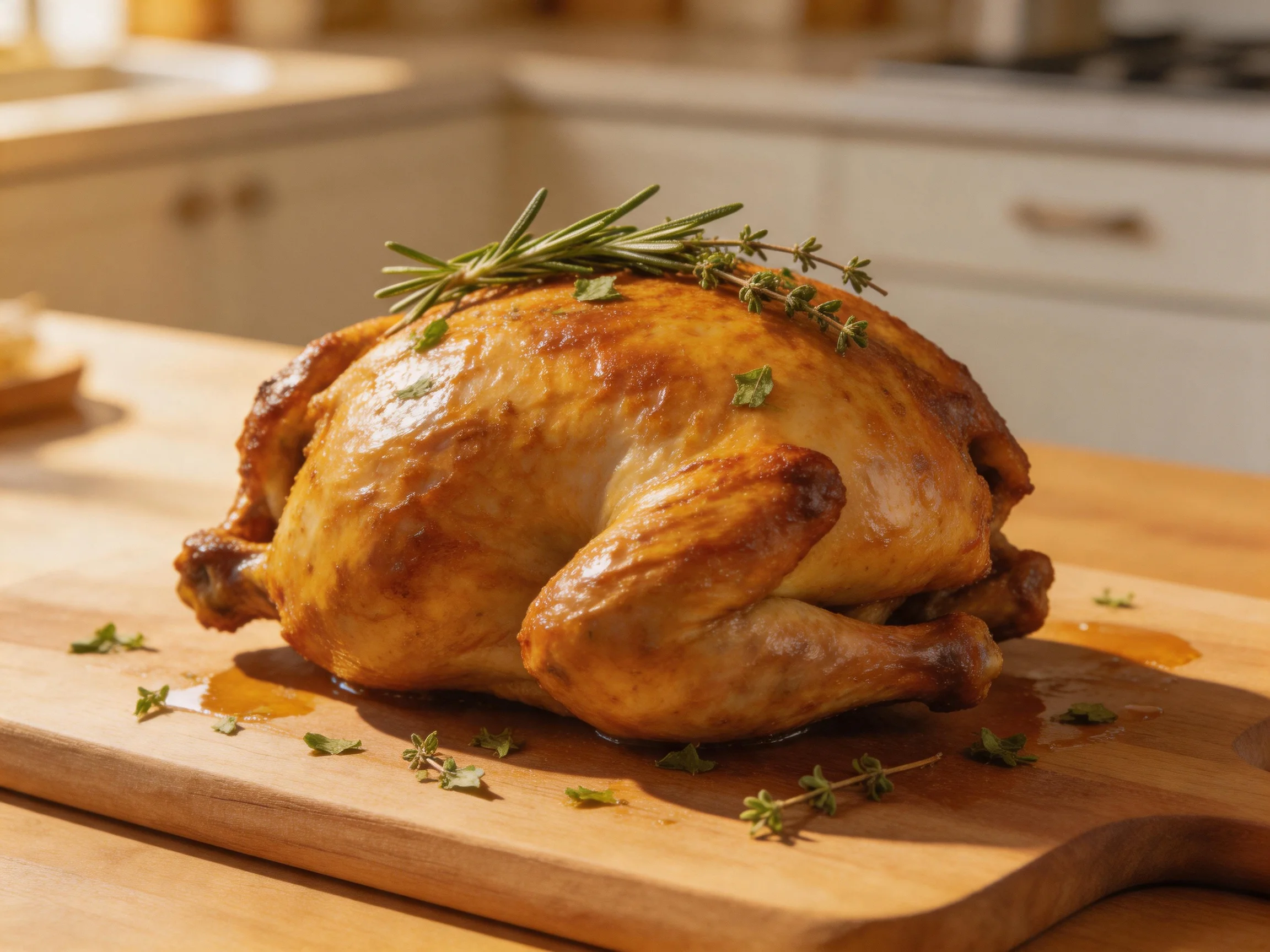 A golden-brown roasted chicken garnished with fresh herbs on a wooden cutting board