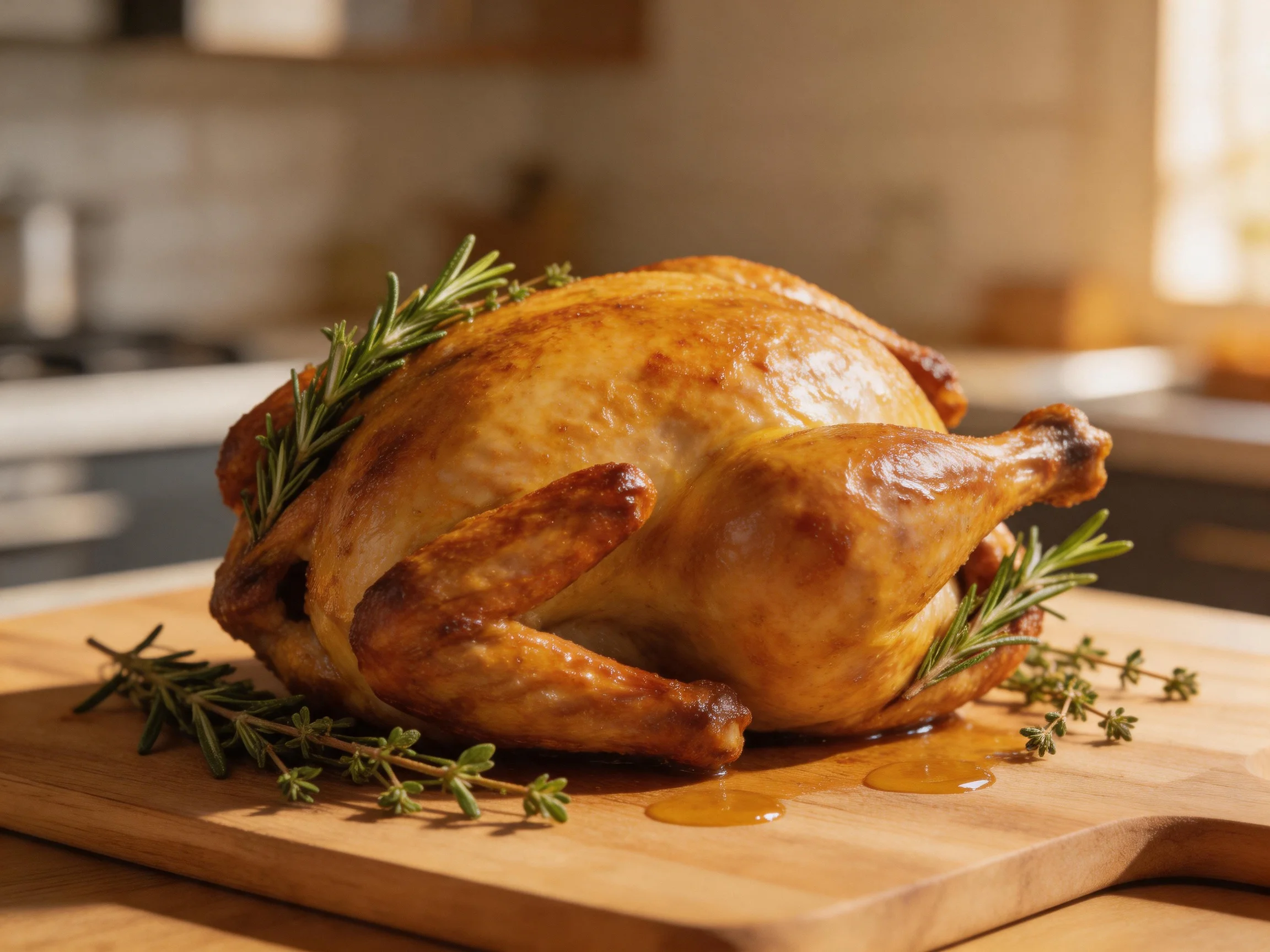 A golden-brown roasted chicken garnished with fresh herbs on a wooden cutting board