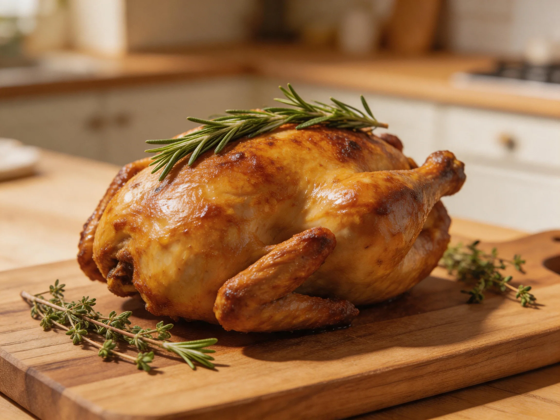 A golden-brown roasted chicken garnished with fresh herbs on a wooden cutting board