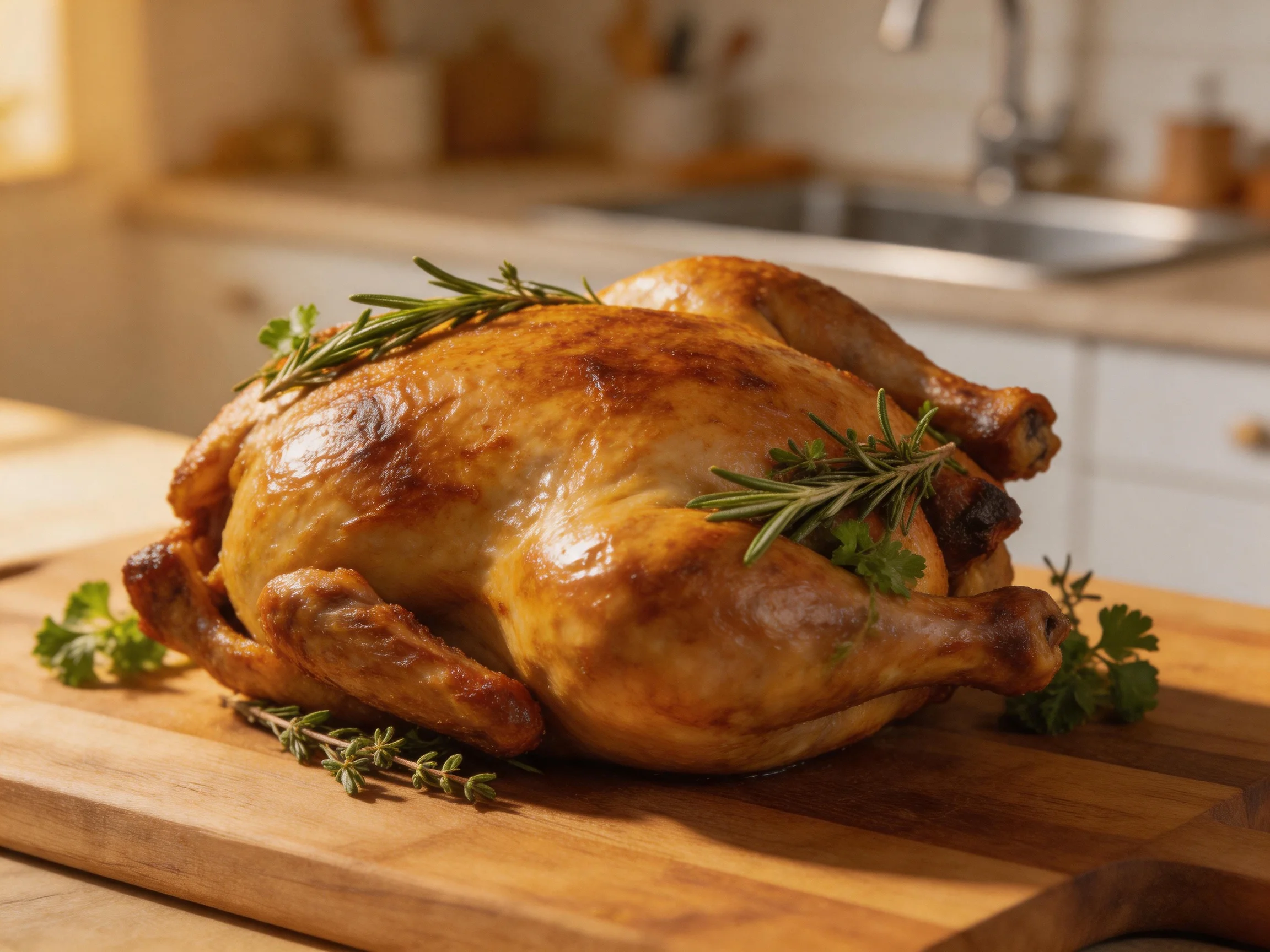 A golden-brown roasted chicken garnished with fresh herbs on a wooden cutting board