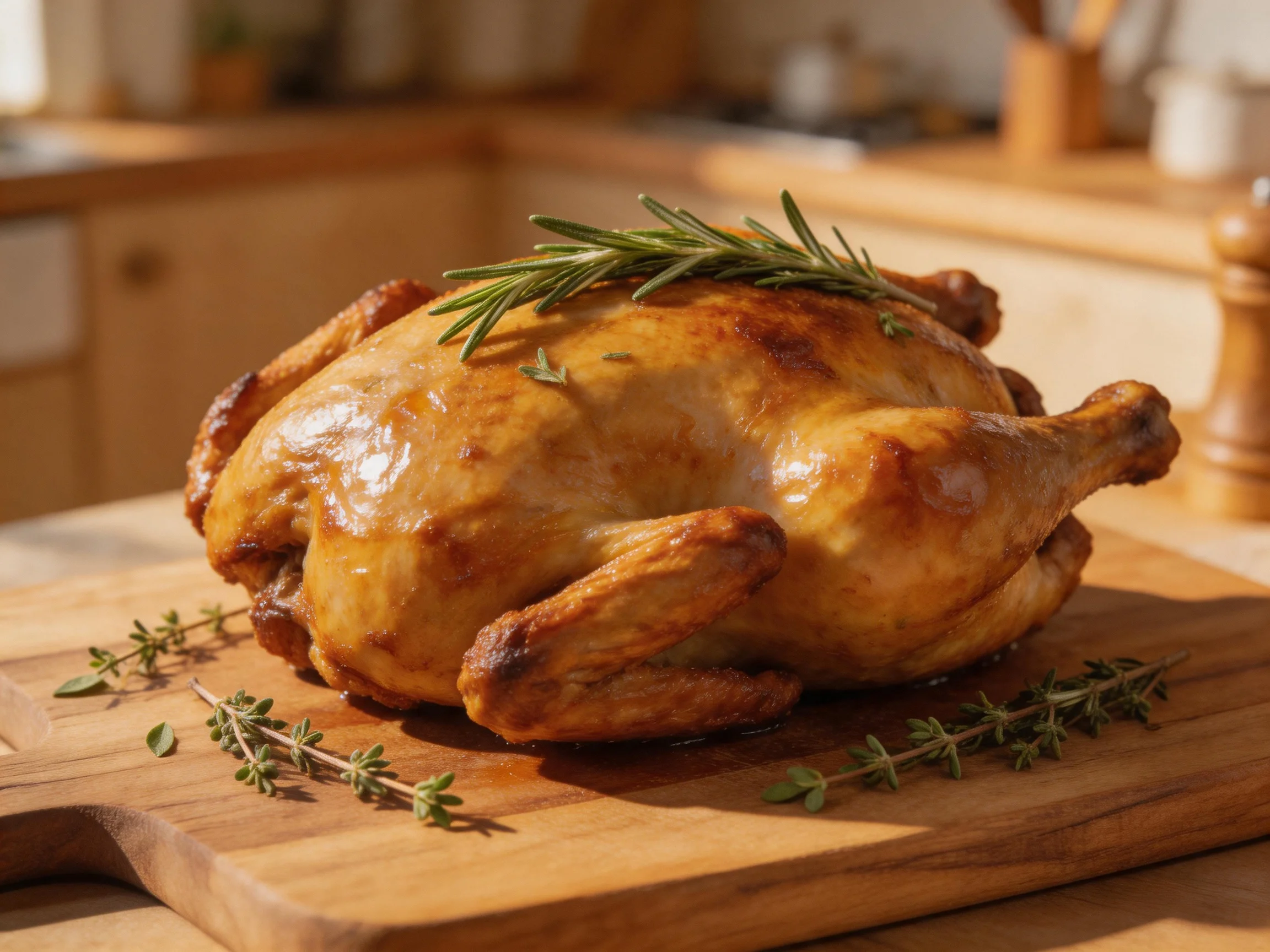 A golden-brown roasted chicken garnished with fresh herbs on a wooden cutting board