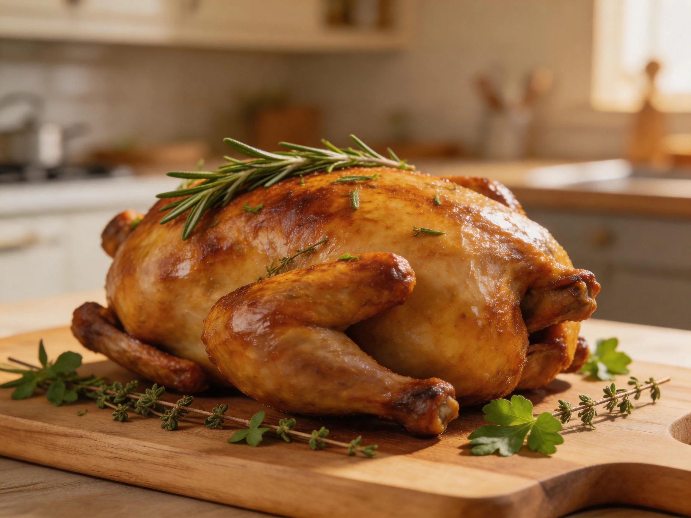 A golden-brown roasted chicken garnished with fresh herbs on a wooden cutting board