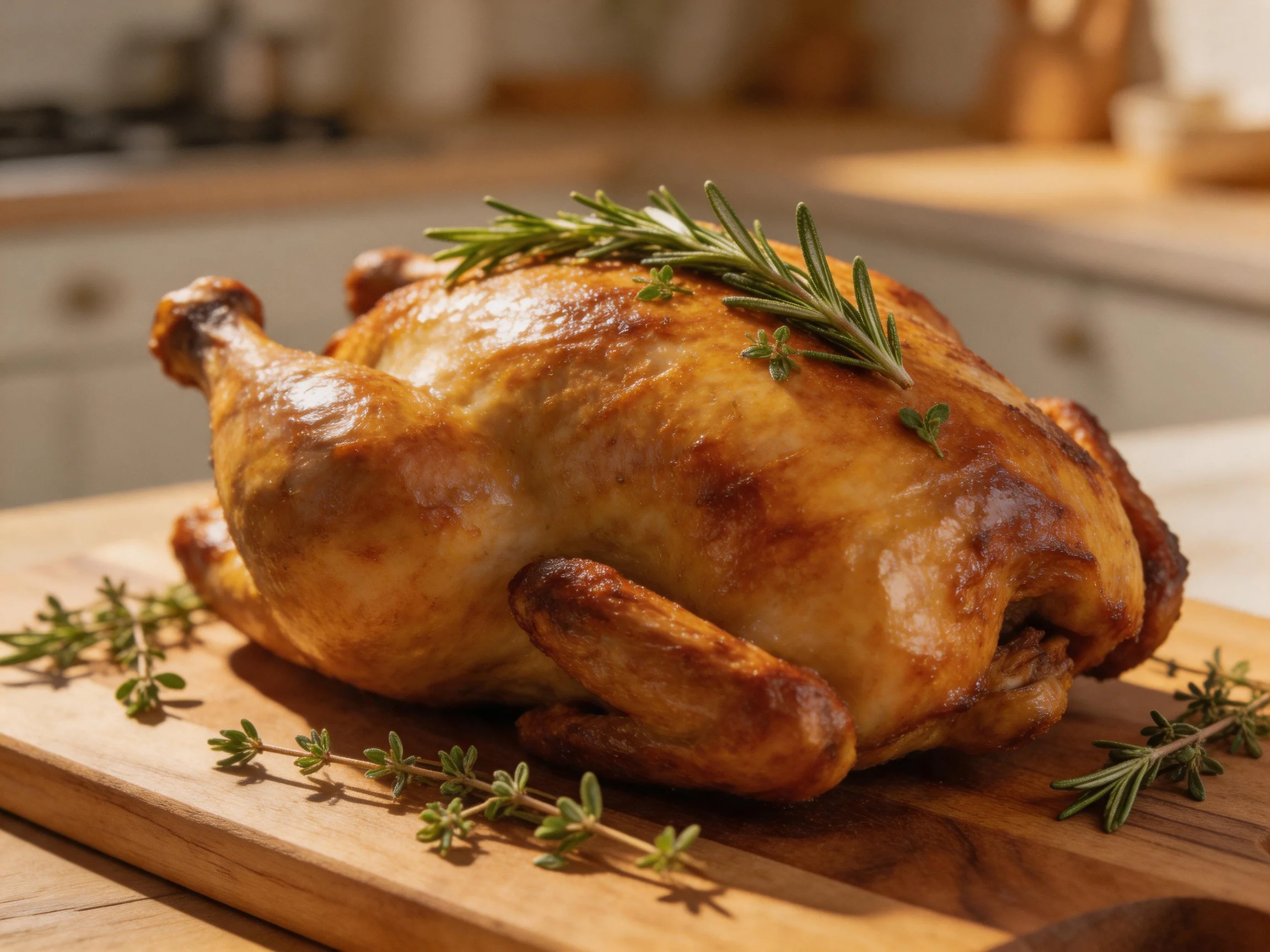 A golden-brown roasted chicken garnished with fresh herbs on a wooden cutting board
